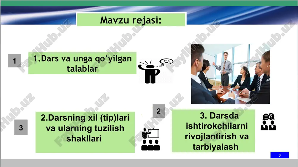 imal nisbatlarini ta’minlash o’quvchilarning qiziqishlari, layoqati va talablarini hisobga olish asosida ular tomonidan bilimlarning puxta o’zlashtirilishi uchun zarur sharoitlarni yaratish 01 02 03 ilgari o’rganilgan bilim va malakalari, shuningdek, o’quvchilarning rivojlanish darajasiga tayanishsh shaxsning har tomonlama rivojlantirishni motivatsiyalash va faollashtirish o’quvchilar anglab yetadigan fanlararo bog’liqliklarni o’rnatish o’quv-tarbiyaviy faoliyat barcha bosqichlarining mantiqiyligi va emotsionalligi pedago zarur bilim, ko’nikma va malakalar, fikrlash va faoliyat ratsional usullarini shakllantirish gik vositalar dan samarali foydala nish 6 mavjud bilimlarni doimo boyitib borish ehtiyojini yuzaga keltirish har bir darsni puxta loyihalashtirish, rejalashtirish, tashhis va taxmin qilish mavzu bo`yicha fidbek kelgusi mashg‘ulotda ko‘rishguncha... image1.jpeg image2.png image3.png image4.png image5.png image6.png image7.png image8.jpeg image9.png image10.png image14.png image15.png image16.png image17.png image18.png image19.gif /docprops/thumbnail.jpeg