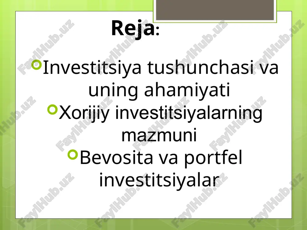 belgilanadi: tabiiy shart-sharoitlar, shu jumladan foydali qazilmalar zaxiralari, ishchi kuchi malakasi va o‘rtacha ish haqi darajasi, iqtisodiy konyunktura ( iqtisodiy o’sish, tuzilmaviy siljishlar, moliyaviy ahvol, eksport imkoniyatlari kabilarni xarakterlab beruvchi iqtisodiy holat.) holati, ichki bozor sig‘imi hamda tovarlarni tashqi bozorda sotish imkoniyatlari, kredit tizimi holati, soliqqa tortish darajasi, ishlab chiqarish va ijtimoiy infratuzilmaning rivojlanganligi, xorijiy kapitalga nisbatan davlat siyosati, unga nisbatan imtiyozli shart-sharoitlarning belgilanganligi va h.k. xorijiy investitsiyalar qo‘shma korxonalar tashkil etish, xorijiy investorlarga to‘liq tegishli bo‘lgan korxonalarni yaratish, xususiylashtirishda qatnashish, qimmatbaho qog‘ozlarni sotib olishi, yer va boshqa tabiiy resurslardan foydalanish huquqiga ega bo‘lishda, erkin iqtisodiy hududlarda faoliyat olib borishda juda katta va muhim ahamiyatga egadir. xorijiy mamlakatlarning tajribasi va investitsiya to‘g‘risida mamlakatimizda qabul qilingan qonunlarning tahlilidan kelib chiqib, investitsiyaning shartli ravishda uchta turini ajratish mumkin. bozor iqtisodiyoti sharoitida har bir investitsiya turining o‘ziga xos o‘rni bo‘ladi. investitsiyalash davriga qarab investitsiyalar qisqa muddatli (bir yilgacha bo‘lgan muddatga beriladi) va uzoq …