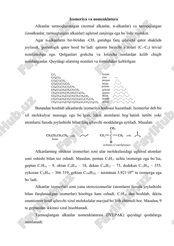 nechta bir xil o`rinbosarlar bo`lishi grekcha sonlar: di-, tri-, tetra-, penta- va h.k. bilan nomlanadi. agar alkan molekulasining tarmoqlarida turli uglerod atomlari tutgan o`rinbosarlar bo`lsa, ular alfavit tartibida yoziladi: ko`rilayotgan uglerod atomi nechta uglerod atomi bilan bog`lanishiga ko`ra birlamchi, ikkilamchi, uchlamchi va to`rtlamchi uglerod atomlariga bo`linadi: alkan molekulasidan bitta vodorod atomi ajratilganda alkan qoldig`i olinadi: . odatda u alkil guruh (alkil o`rinbosar) deyiladi, alkil radikal nomi ham uchraydi. uni ko`pincha aktiv zarrachalarga kiruvchi erkin alkil radikal bilan almashtiradi. alkil qoldiqlar nomlari mos alkanlar nomlaridagi –an qo`shimchasini –il qo`shimchasiga almashtirib hosil qilinadi: tarmoqlangan alkil guruhlarini nomlashda ham nomerlash ishlatiladi: uglevodorodlar nomi nafaqat alkil guruhlar nomi asosida, balki reaksiyada hosil bo`ladigan turli zarrachalar – ionlar va erkin radikallar nomi asosida ham yotadi. alkan molekulasidan vodorodni ajratishni uchta yo`li mavjud: 1. c –h bog`ni gomolitik parchalashda odatda alkil radikali yoki alkil deb nomlanuvchi juftlashmagan elektronli zarracha erkin alkil radikali hosil bo`ladi. masalan, ch3. …