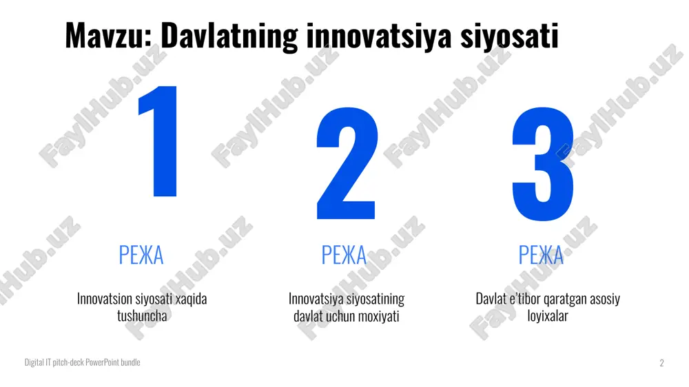 llari, korxonalarni rivojlantirish va boshqalarda yangiliklar o'rnatish jarayonlarini tashkil etadi ijtimoiy innovatsiya: yangi tashkilotlar, ijtimoiy tizimlar va jamoat birlashmalari tuzilishini o'z ichiga oladi o'quv innovatsiyasi: yangi o'quv-ta'lim usullari, darsliklar, o'quv dasturlari va onlayn ta'limning rivojlantirilishi tibbiy innovatsiya: yangi davolash va so'nggi tibbiy texnologiyalarning yaratilishi va qo'llanilishi ekologik innovatsiya: yangi yaxshi ekologiya texnologiyalari va mahsulotlarning ishlab chiqilishi digital it pitch-deck powerpoint bundle texnologik innovatsiyalar 7 ishlab chiqarish soxasidagi intensiv baliq fermalari suniy intellekt qishloq xo’jaligi soxasidagi robotlar digital it pitch-deck powerpoint bundle biznes innovatsiyasi 8 online yetkazib berish xizmatlari sifatli malaka oshirish yangi maxsulotlar digital it pitch-deck powerpoint bundle ijtimoiy innovatsiyalar 9 sug’urta kompaniyalari yordamchi xamyonlar xalqning umumiy savodxonligini oshirishdagi nodavlat tashkilotlar va xarakatlar digital it pitch-deck powerpoint bundle o'quv innovatsiyasiyalari 10 mental arifmetikasi yangi o’quv darsliklar nodavlat otmlar digital it pitch-deck powerpoint bundle tibbiy innovatsiyalar 11 zamonaviy davolash va tashxis qo’yish uskunalari vaktsinalar inson miyyasi uchun yordamchi chiplar va boshqa …