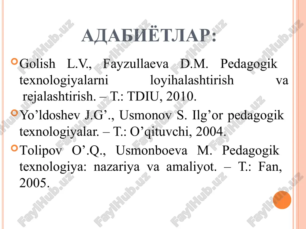 . u texnologik xarita ko'rinishida rasmiylashtiriladi o'quv jarayonini texnologiyalashtirish bosqichlari loyihalash rejalashtirish o'quv mashg'uloti maqsad va vazifalarini aniqlashtirish mashg'ulot bosqichlari va vaqtni taqsimlash professor-o'qituvchining vazifalarini aniqlash kutiladigan natijalarni oydinlashtirish shakl, metod va vositalarni tanlab olish nazorat va baholash tartibini belgilash talabaning o'quv ishi tartibini belgilash o'quv materiallari majmuini aniqlashtirish 2. o'quv mashg'ulotida ta'lim texnologiyasini loyihalashtirish va rejalashtirish qoidalari o'quv mashg'ulotida ta'lim texnologiyasini loyihalashtirish va rejalashtirish qoidalari ta'lm texnologiyasini ishlab chiqishda o'qituvchi harakatining ketma-ketligi natija texnologiyasini 1. ta'lim loyihalashtirish 2. o'quv mashg'ulotida talabalar bilan hamkorlikdagi faoliyatini bosqichma-bosqich rejalashtirish 3. o'quv jarayonining tashkiliy- didaktik ta'minotini ishlab chiqish ta'lim texnologiyasi modeli o'quv mashg'ulotining texnologik xaritasi o'quv mashg'uloti texnologik xaritasiga ilovalar: o'quv-uslubiy, tarqatma va ko'rgazmali materiallar ta'lim texnologiyasining modeli o'quv mashg'uloti tuzilishini aniqlash o'quv mashg'ulotining maqsadini shakllantirish, o'quv faoliyatining kutilajak natijalarini aniqlash va pedagogik vazifalarni belgilash o'quv faoliyatining kutiladigan natijalari – bu o'qitish natijasida talaba egallashi va bajarishi lozim bo'lgan harakatlar. ular tomondan erishilgan …