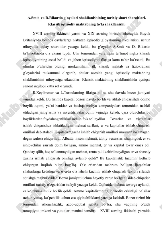 uzumni keltirib chiqargan inqilob bilan bog`liq. o`z erlaridan mahrum bo`lgan ijarachilar shaharlarga ketishga va u erda o`z ishchi kuchini ishlab chiqarish faktori sifatida sotishga majbur edilar. bozor jamiyati uchun hayotiy zarur bo`lgan ishlab chiqarish omillari tarixiy o`zgarishlar tufayli yuzaga keldi. oqibatda mehnat tovarga aylandi, er ko`chmas mulk bo`lib qoldi. ammo kapitalizmning iqtisodiy erkinligi ba`zilar uchun yutuq, ko`pchilik uchun esa qiyinchiliklarni yuzaga keltirdi. bozor tizimi bir tomondan ishonchsizlik, azob-uqubat sababi bo`lsa, shu vaqtning o`zida taraqqiyot, imkoni va yutuqlari manbai hamdir. xviii asrning ikkinchi yarmida «texnik yo`nalishda» gi ishbilarmonlar guruhi iqtisodiyot tarixida butunlay yangi insonlarni vujudga keltirdi. sanoat inqilobi dastlab engil sanoat, xususan, to`qimachilik sohasida boshlandi va mashinasozlik vujudga kelishi bilan nihoyalandi, j.key to`qimachilik mokkisini, 1733 yilda j.xargrivs o`z qizining nomi bilan atalgan «jenni» mexanik to`quv dastgohini kashf etdi, sanoat inqilobi iqtisodiyot va ijtimoiy hayotga keskin o`zgarishlarga olib keldi.1701-1802 yillar oralig`ida to`qimachilik rivoji tufayli angliyada paxta tolasidan foydalanish 6000 foizga o`sdi. 1788-1838 …