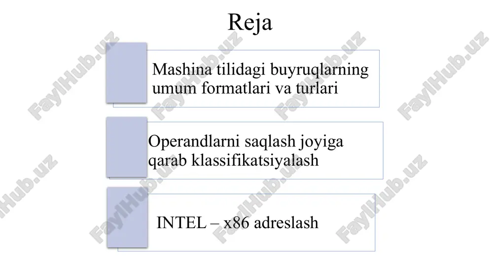 gi tillarga (yudt) yo’naltirilgan bo’lib, ularning asosiy maqsadi dasturlash jarayonini yengillashtirishdir. yudt ga o’tish jiddiy muammo tug’dirdi: yudt uchun xos bo’lgan murakkab operatorlar oddiy mashina operatsiyalaridan sezilarli darajada farq qiladi. muammo semantik uzilish deb ataladi va uning natijasi dasturning yetarli darajada samarali bajarilishmasligidir. semantik uzilishni bartaraf etish uchun ehm ishlab chiquvchilari uchta yondashuvdan birini va shunga mos ravishda uchta bta turidan birini tanlaydilar: buyruqlarning to'liq to'plamiga ega bo'lgan arxitektura: cisc (complex instruction set computer); qisqartirilgan buyruqlar to’plami bilan arxitektura: risc (reduced instruction set. computer); juda uzun buyruq so’zlari bilan arxitektura: vliw (very long instruction word). buyruq formatlari buyruqlar formati – bu buyruqni ichki tuzilish strukturasini aniqlovchi qoida kelishuvdir. buyruq – amal kodi, ushbu amalda qatnashayotgan operanda yoki operandalar qayerdan olinishi va natija qayerga yozilishi haqidagi axborotlardan iborat bo’ladi. buyruq formatlari buyruqlar – operandlar soniga qarab 4 sinfga bo’linadi. amal kodi amal kodi amal kodi adres amal kodi adres1 adres2 adres3 …