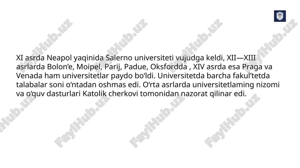 in sohasi yorib ko'rilgan. 1316 yilda mondino de luchchi tomonidan ibn sino "tib qonunlari" asaridagi anatomiyaga bag'ishlangan qismiga asoslanib "anatomii" darsligini tayyorladi. ko'pgina shifokorlar ruhoniylarga tegishli edi. ruhoniy-larga aholiga tibbiy yordam ko'rsatish ishlari yuklatilgan edi. ko'pgina ruhoniylar chuqur tibbiy bilimga va shifokorlik mutaxassislikga ega emasligi pand berardi, ammo ular orasida mohir dori tayyorlovchilar ham bor edi. ruhoniylar kasalxonasi ruhoniy shifokorlar uchun maktab bo'lib xizmat qildi, ular bu erda kasalliklarni davolash, dori tayyorlash va dori vositalarini ishlab chiqarish kabi tajribaga ega bo'ldilar. g'arbda va yevropaning sharqida o'rta asrlarda katta epidemiyalar bo'lganligi bilan ajralib turadi. epidemiyaning yuzaga kelishida bir qancha sharoitlar: shaharlarning ko'payishi, aholining zichligi, ko'p sonli aholin-ing yoppasiga ko'chishi, shaxsiy gigienaning yo'qligi imkon yaratib bergan. urush vaqtida moxovning keng tarqalishi (bu nom bilan bir qancha teri kasalliklari yashirib kelingan, asosan sifilis-zaxm) ular uchun lazaretlar paydo bo'lishiga olib keldi. shuning uchun, moxovlar va boshqa yuqumli bemorlarga lazaret boshpana hisoblangan. yevropaning yirik port …