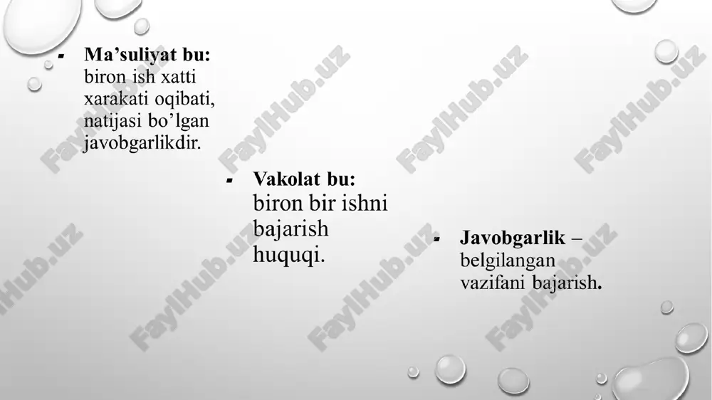 r bo’lmaydi. - bo‘ysunuvchi zimmasiga yuklangan ish u bajarishi lozim bo’lgan ish ko’lamidan ham ko‘p deb hisoblaydi. - bo‘ysunuvchi o ‘ziga nisbatan ishonchi yo‘q. - bo‘ysunuvchiga topshirilayotgan qo‘shimcha vakolat yoki mas’uliyat qo‘shimcha rag‘batlantirilmaydi. boshqaruv vakolatlari farmoiyishli vakolat bir yo’nalishdagi vakolatlar funksional vakolatlar idoraviy vakolatlar murosaga keltiruvchi vakolatlar muvofiqlashtiruvchi vakolatlar hisob va nazorat qilish bo’yicha vakolatlar e’tiboringiz uchun rahmat image2.png image4.png image3.png image5.png image6.png image7.png image8.png image9.png image10.png image19.png image20.png image11.png image12.png image13.png image14.png image15.png image16.png image17.png image18.png image21.png image22.png image23.png image1.png /docprops/thumbnail.jpeg