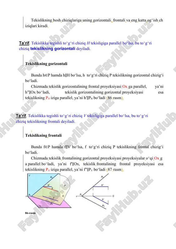 ini ta‘minlovchi elementlarning proyeksiyalari orqali aniqlanadi. 4.1-rasm umumiy holda tekislikning fazoviy vaziyatini bir to’g’ri chiziqqa tegishli bo’lmagan uchta nuqta aniqlaydi. haqiqatdan, 4.1-rasmdagi a, b va c nuqtalar fazoda biror q tekislikning vaziyatini aniqlaydi. bu nuqtalardan har birining fazoviy o’rni o’zgarishi bilan tekislikning vaziyati ham fazoda o’zgaradi. uchta nuqtaning ikkitasi orqali hamma vaqt bir to’g’ri chiziq o’tkazish mumkin. shuningdek, uchta nuqta yordamida ikki parallel va kesishuvchi chiziqlar o’tkazish yoki tekis geometrik shakl, (masalan, uchburchak) hosil qilish mumkin. chizma geometriyada tekisliklar quyidagi hollar bilan beriladi: a b v d g 4.2-rasm bir to’g’ri chiziqqa tegishli bo’lmagan uchta nuqtaning proyeksiyalari bilan (4.2–a, rasm); · bir to’g’ri chiziq va unga tegishli bo’lmagan nuqtaning proyeksiyalari bilan (4.2,b- rasm); · ikki parallel to’g’ri chiziq proyeksiyalari bilan (4.2,v-rasm); · ikki kesishuvchi to’g’ri chiziq proyeksiyalari bilan (4.2,g-rasm); · tekis geometrik shakllarning ortogonal proyeksiyalari orqali berilishi ham mumkin (4.2,d-rasm). shuningdek, tekislik proyeksiyalar tekisliklari bilan kesishish chiziqlari orqali berilishi ham …