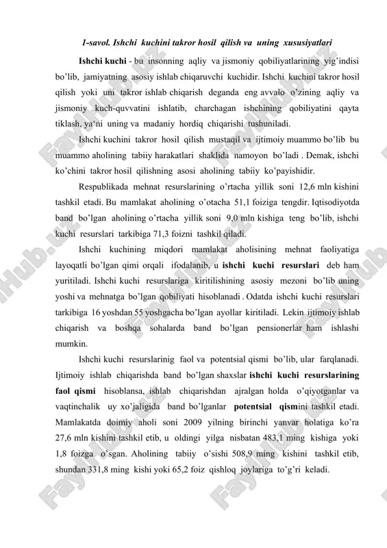 nd bo’lganlar potentsial qismini tashkil etadi. mamlakatda doimiy aholi soni 2009 yilning birinchi yanvar holatiga ko’ra 27,6 mln kishini tashkil etib, u oldingi yilga nisbatan 483,1 ming kishiga yoki 1,8 foizga o’sgan. aholining tabiiy o’sishi 508,9 ming kishini tashkil etib, shundan 331,8 ming kishi yoki 65,2 foiz qishloq joylariga to’g’ri keladi. o’zbekistonda aholining tabiiy harakati qo’yidagi ma‘lumotlar bilan tavsiflanadi. respublika aholisining tabiiy harakatlanishi yillar ko’rsatkichlar (har 1000 ming kishi hisobiga) tug’ilish o’lish tabiiy o’sish 1991 34.5 6.2 28.3 1995 29.8 6.4 23.4 1996 27.3 6.2 21.1 1997 26.0 5.9 20.1 1998 23.0 5.8 17.2 1999 22.3 5.3 17.0 2000 21.5 5.5 16.0 2001 20.4 5.3 15.1 2002 20.9 5.4 15.5 2003 19.8 5.3 14.5 2004 20.4 5.0 15.4 2005 20.3 5.4 14.9 2006 20.9 5.3 15.6 2007 22.6 5.1 17.5 2008 23.6 5.0 18.6 2009 respublikada ishchi kuchi resurslarining o’rtacha yillik soni 2008 yilda 16,3 mln kishini tashkil qilgan, bu …
