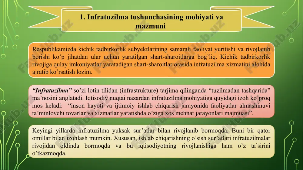 zmati va boqshalar; ishchi kuchini takror ishlab chiqarish shart-sharoitlari – ishchi va xizmatchilarning sog’lig’ini, ta’lim olishi va kasbiy tayyorgarligini, dam olishlarini qo’llab-quvvatlash. shu paytga qadar infratuzilmani ishlab chiqarish va ijtimoiy infratuzilmalar yig’indisidan iborat deb qarab kelingan. bozor iqtisodiyotiga asoslangan iqtisodiy tizim kirib kelishi bilan ishlab chiqarish infartuzilmasi ko’lami kengayib, “bozor infratuzilmasi” va “institusional infratuzilma” so’zlari iste’molga kirib bormoqda. bozor infratuzilmasi bevosita ishlab chiqarish jarayoniga xizmat ko’rsatuvchi tarmoqlarni o’z ichiga oladi. uning tarkibiga yuk transporti, elektr, gaz va suv ta’minoti, ombor xo’jaligi, aloqa, axborot, moddiy-texnika ta’minoti, mahsulotni tashish, saqlash va qayta ishlash, texnik xizmat ko’rsatish, marketing va reklama, axborot-maslahat, auditorlik, moliya-kredit va investision kabi xizmat turlari kiradi. ijtimoiy infratuzilma ishlab chiqarish jarayonida ishchi va xizmatchilarga normal mehnat faoliyati yaratish va ishchi kuchini takror hosil qilish, shuningdek, tadbirkorlarning turli maishiy xizmat turlariga bo’lgan talabini qondirish uchun xizmat qiladi. biznes-maktab o’quv-amaliy markazlari biznes-inkubatorlar ijtimoiy-amaliy markaz texnopark biznes-markaz konsalting auditorlik kompaniyasi sug’urta kompaniyasi ko‘rsatkichlar …