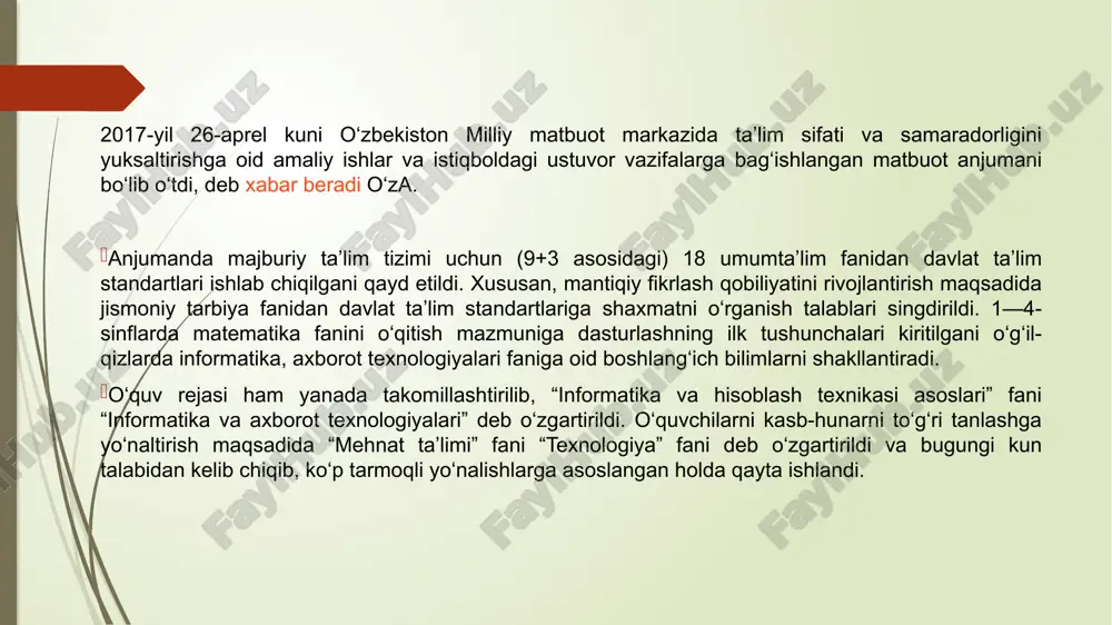boradi bir qancha talablar hisobga olinishi lozim. dasturning mazmuni pedagogikaning didaktik prinsiplarga to‘la – to‘kis javob berishi, ilmiy va mafkuraviy jihatdan puxta bo‘lishi, murakkabligi ortib borishi hisobga olingan holda va texnologiyaning tanlangan didaktik tizimiga muvofiq ravishda, muayyan izchillikda bayon qilinishi, turmush tajribasi bilan bog‘langan bo‘lishi kerak. image1.png image2.png image3.png image4.png image5.png image6.png image7.png /docprops/thumbnail.jpeg