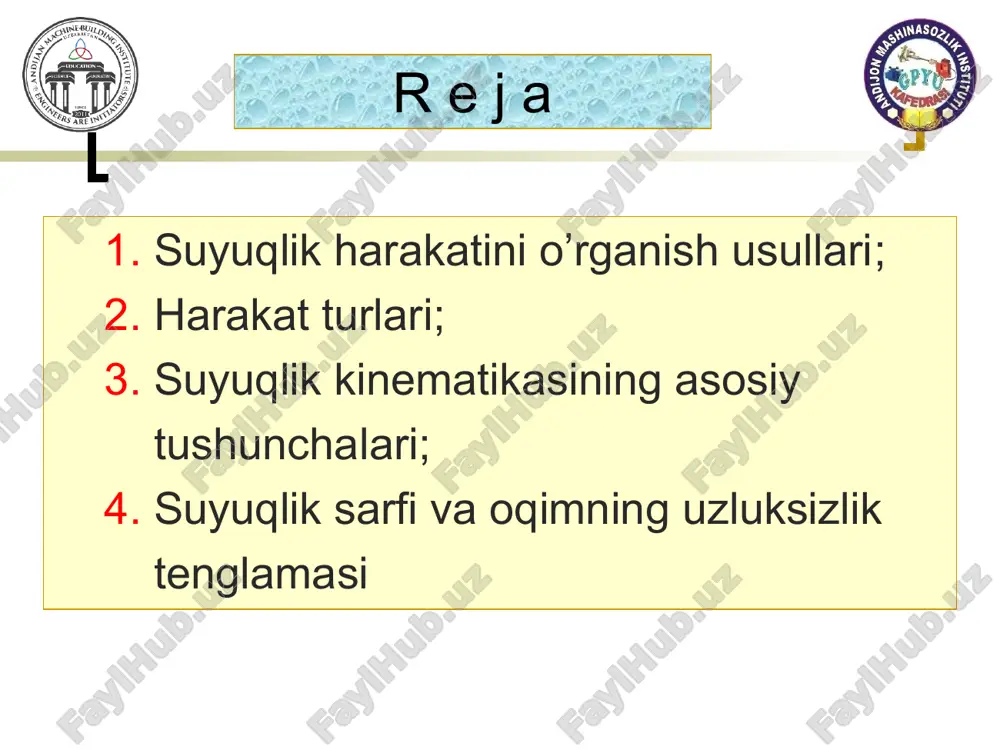 akatini xarakterlovchi para-metrlar koordinatalardan tashqari vaqtga ham bog`liq bo`ladi. bunday harakatga misol bo`lib, poezd sisternalaridagi suyuqliklarning teshiklardan oqib chiqishi xizmat qiladi. beqaror harakatga nisbatan barqaror harakatni o`rganish anchagina oson. bundan keyin biz asosan barqaror harakatni o’rganamiz. p = f(x,y,z); u = σ(x,y,z). p = f(x,y,z,t); u = σ(x,y,z,t) suyuqliklar harakati 2 xil bo`ladi: 1.barqaror (turg’un) harakat, 2.beqaror (noturg’un) harakat. 1. gidrodinamika. harakat turlari suyuqlik harakatini yana bosimli va bosimsiz harakatlarga bo`lish mumkin. bosimli harakat deganda, suyuqlik o’z harakati davomida har tomondan qattiq devorlar bilan chegaralanishi tushunilanadi. (a-rasm). agar, suyuqlik harakatida bir tomondan atmosfera bilan tutashgan bo’lsa, bunday harakat bosimsiz harakat deyiladi. (b-rasm). 3. suyuqlik kinematikasining asosiy tushunchalari; suyuqliklarning harakatini o`rganish uchun quyidagi tushunchalarni kiritamiz: oqim chizigi, oqim nayi va elementar oqimcha. oqim chizigi deb shunday chiziqqa aytiladiki, bu chiziqning ixtiyoriy nuqtasiga o’tkazilgan urinma shu nuqtadagi tezlik vektoriga mos keladi. barqaror harakatda oqim chizigi harakat traektoriyasi bilan mos keladi. agar harakatlanayotgan …