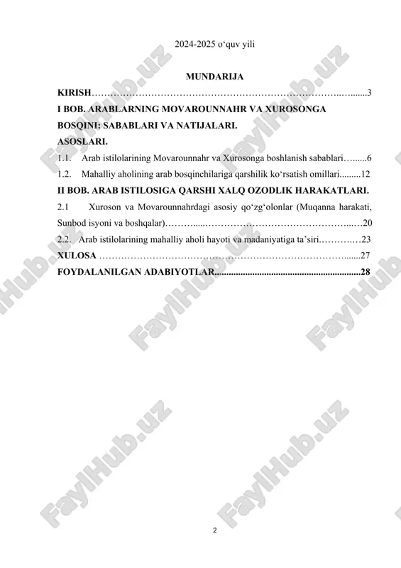 agi kurashini yoritadi. bu jarayonni tahlil qilish mustamlakachilik va bosqinlarga qarshi turish tajribalarini o‘rganishga yordam beradi. 2. madaniy va diniy ta’sirni anglash – arab istilolari natijasida markaziy osiyoda islom dini keng tarqaldi, biroq bu jarayon doim ham tinch yo‘l bilan kechmagan. qarshilik harakatlari tufayli mahalliy madaniyat, urf-odat va boshqaruv tizimlarining o‘ziga xos jihatlari qanday saqlanib qolganini o‘rganish muhimdir. 3. hozirgi zamon uchun ahamiyati – bugungi kunda milliy o‘zlikni anglash va mustaqillik g‘oyalarining shakllanishida o‘tmishdagi ozodlik harakatlari muhim o‘rin tutadi. o‘zbek xalqining tarixiy qahramonlik an’analarini o‘rganish yosh avlodning vatanparvarlik ruhini shakllantirishga xizmat qiladi. 4. tarixiy manbalarni tahlil qilish – movarounnahr va xurosondagi isyonlar haqida arab, fors va mahalliy manbalarda turli xil ma’lumotlar keltirilgan. ushbu kurs ishida ularni tahlil qilib, haqiqatga yaqin xulosalar chiqarish ilmiy jihatdan dolzarb hisoblanadi. ushbu mavzuni yoritish orqali biz movarounnahr va xuroson xalqlarining arab istilochilariga qarshi olib borgan kurashining asosiy sabablarini, uning natijalari va bugungi kungacha yetib kelgan …