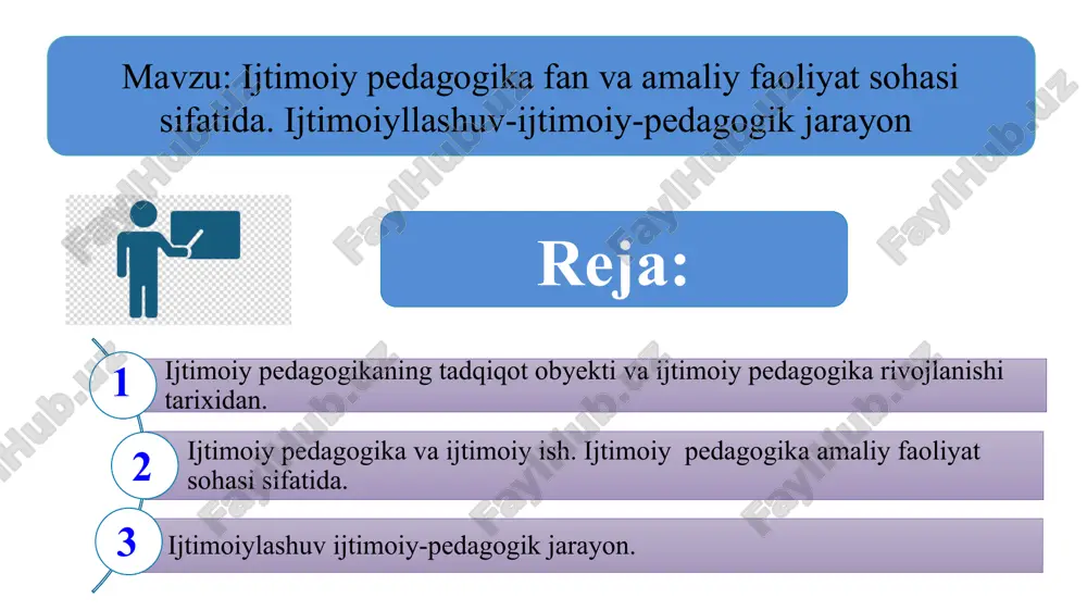 ilmiy nazariy bilimlar va ijtimoiy –pedagogik faoliyatini oʻrganadi, keyinchalik unga burjuaziya fani sifatida qaralgan. ijtimoiy pedagogikaning tiklanishi faqatgina xx asrning 90-yillarida roʻy berdi. uning qayta “tugʻulishi” ijtimoiy pedagoglarning zamonaviy sharoitlardagi faoliyatlarida, amaliyotda ijtimoiy pedagogika fanining yutuqlaridan foydalanish zaruriyati tugʻilgani bilan izohlanadi. ijtimoiy pedagogikaga bugungi kundagi ta’riflar yu.v.vasilkova bu fanni “alohida shaxs va guruhni tarbiyalash va oʻqitish nazariya va amaliyoti” deb taʼkidlaydi. a.v.mudrikning fikricha ijtimoiy pedagogika-“barcha yosh guruhlar va ijtimoiy toifalarni ijtimoiy tarbiyasini oʻrganuvchi pedagogikasi”dir v.d.semenov ijtimoiy pedagogika yoki muhit pedagogikasi fan yutuqlarini birlashtiruvchi va ularni ijtimoiy-tarbiya amaliyotida amalga oshiradi, deb hisoblaydi. i.podlasoʻyning “pedagogika darsligida quyidagicha taʼrif mavjud: “ijtimoiy pedagogika-ijtimoiy muhitning shaxsni shakllantirishga va ijtimoiy tarbiya muammolariga taʼsiri qonuniyatlarini oʻrnatuvchi fan”. yu.n.galaguzova ijtimoiy pedagogikaga uning obyekti va predmetini aniqlash orqali taʼrif bermoqchi boʻlgan. ijtimoiy pedagogning kompleks xarakteri uning boshqa fanlar bilan munosabatida namoyon boʻladi. 04 05 01 02 03 falsafa va ijtimoiy pedagogika. etika va ijtimoiy pedagogika. sotsiologiya va ijtimoiy pedagogika. …