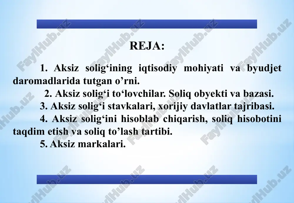 r qa'ridan foydalanganlik uchun soliq 16 684,20 6,16 3.4 suv resurslaridan foydalanganlik uchun soliq 1 261,10 0,47 4. dividendlar 23 755,00 8,78 5. boshqa daromadlar va soliq bo'lmagan boshqa tushumlar 17 851,40 6,59 5 aksiz solig‘ining iqtisodiy mohiyati va byudjet daromadlarida tutgan o’rni aksiz solig‘i qo‘shilgan qiymat solig‘iga tortiladigan bazada va narxda hisobga olinadigan yuklab jo‘natilgan tovarlar qiymatining bir qismini egri soliq sifatida byudjetga undirish shakli hisoblanadi. aksiz solig‘i davlat byudjeti daromadlarini shakllantirishda salmoqli o‘rin egallaydi, jumladan, davlat byudjetining soliqli daromadlari tarkibida uning salmog‘i 2004-yilda 28.7 foizni, 2006 yilda 18,8 foizni, 2008 yilda 16,5 foizni, 2010 yilda 16,7 foizni, 2012 yilda 15,1 foizni, 2014 yilda 14,9 foizni, 2016 yilda 16 foizni, 2018 yilda 13,4 foizni, 2019 yilda 9,2 foizni, 2020 yilda 8,8 foizni tashkil etmoqda. 6 aksiz solig‘ining iqtisodiy mohiyati va byudjet daromadlarida tutgan o’rni aksiz solig‘ini davlat byudjeti daromadlari tarkibidagi ulushi­ning pasayish tendensiyaga ega ekanligi shu bilan izohlanadiki, o‘zbekiston …