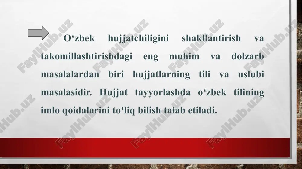 muvofiq ravishda ularda soʻroq va undov gaplar deyarli qoʻllanmaydi, asosan, darak va buyruq gaplar ishlatiladi. zero, hujjatlarda tilning ikki vazifasi – xabar berish va buyurish vazifalari amalga oshadi. hujjatlar matni birinchi va uchinchi shaxs tilidan yoziladi. yakka rahbar tomonidan yoziladigan farmoyish hujjatlari birinchi shaxs tilidan boʻladi. “siz” soʻzini bosh harfdan boshlab yozish orqali : “sizga”. fikriy bogʻliqlik “bu”, “ushbu”, “mazkur”, “shunga muvofiq” kabi soʻzlar yordamida ta’minlanadi; taklif va e’tirozlar “bizningcha”, “shartnomaga koʻra”, “deb oʻylaymiz” kabi soʻz va soʻz birikmalari orqali ifodalanadi. zarur holatlarda e’tiroz yoki oʻrinli takliflar bildirilishi mumkin. ammo rahbarga nisbatan hurmat saqlanishi, murojaat odobiga amal qilinishi zarur. image16.jpg image17.png image18.jpg image19.jpeg image20.jpeg image21.jpg image4.jpg image7.png image8.png image12.png image13.png image14.png image15.png /docprops/thumbnail.jpeg