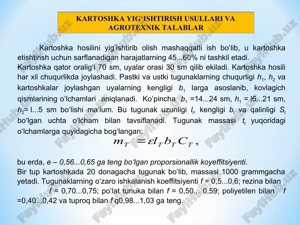 zlangan tirkamalar tirkalib, kovlab olingan kartoshka tozalanib, koplanadi. 3. kartoshka kombayn yordamida ko‘l mehnatisiz yig‘ishtiriladi. kombayn bilan yig‘ishtirish usuli uch bosqichdan iborat: 1. kombayn yordamida bir yo‘la yig‘ishtirish. 2. kombayn yordamida bo‘laklab (ko‘p fazali) yig‘ishtirish. 3. qurama (kombinatsiyalashgan) usulda kombaynlash. kartoshkani bevosita kombayn yordamida yig‘ishtirganda kombayn bir yo‘la kartoshkani kovlab, terib va tozalab to‘playdi. * kombayn bilan bo‘laklab yig‘ishtirganda esa avvaliga tugunaklar kartoshka kovlagich yordamida yer yuzasiga uyumlanadi, so‘ngra tuprog‘i qisman qurigach, ularni kombayn bilan terib olinadi. bu usul tuproq namligi me’yoridan ortiq bo‘lgan joylarda qo‘llaniladi. ushbu ishlarni bajarish uchun oddiy kovlagichlar, kovlab-elagichlar, ishchilar uchun tozalash stollari bilan jihozlangan tirkama ulangan kovlagichlar, kartoshkani kovlab uyumlagich va nihoyat kombaynlardan foydalaniladi. yig‘ishtirish usuli va ishlatiladigan mashina mahalliy tuproq turi, uning namligi, paykal o‘lchamlari va notekisligi, tishlar miqdori, hosildorlik va boshkalarni e’tiborga olgan holda tanlab olinadi. masalan, qumloq yerlardagi kartoshkani kombayn yordamida yig‘ishtirilsa, samaraliroq bo‘ladi. oddiy kovlagichlar qo‘sh kanotli ariqolgichlarga o‘xshagan bo‘lib, tugunaklarni …