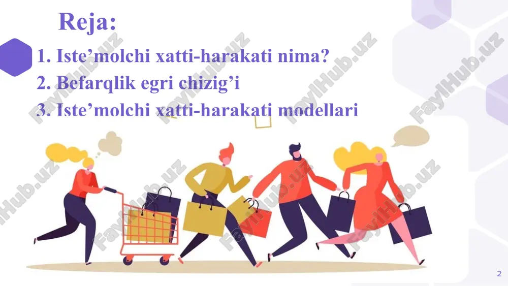 asini anglatadi va shuning uchun iste'molchi ushbu to'plamlarning qaysi to'plamlaridan birini tanlashiga befarqdir iste’molchi xatti-harakati modellari 3 iqtisodchilar iste'molchilarning istaklari va ehtiyojlari ularning sotib olish xulq-atvorini qanday aniqlashini aniqlash uchun iste'molchilarning an'anaviy xatti-harakatlari modellarini ishlab chiqdilar. mana to'rtta an'anaviy modellar ro'yxati: psixologik yoki ta'lim modeli sotsiologik model psixoanalitik model iqtisodiy model contents here psixologik model, shuningdek, o'rganish modeli deb ataladi, o'z nazariyasini psixolog avraam maslouning ehtiyojlar ierarxiyasiga asoslaydi, bu har bir insonning fiziologik, psixologik va o'zini o'zi qondirish ehtiyojlarini tushuntiruvchi psixologik falsafadir. aksariyat odamlar birinchi navbatda o'zlarining asosiy ehtiyojlarini, keyin psixologik va o'z-o'zini qondirish ehtiyojlarini hal qilishadi. misol uchun, och odam yangi shlyapa sotib olishdan oldin birinchi navbatda ovqat sotib olishi mumkin. 13 sotsiologik modelda aytilishicha, insonning ijtimoiy mavqei yoki qiziqish guruhi uning xarid qilish odatlariga ta'sir qiladi. bu insonning jamiyatdagi mavqei yoki uning do'stlari, oilasi, ish va sevimli mashg'ulotlariga jalb etilishini o'z ichiga olishi mumkin. bu shuningdek, odam odatda …