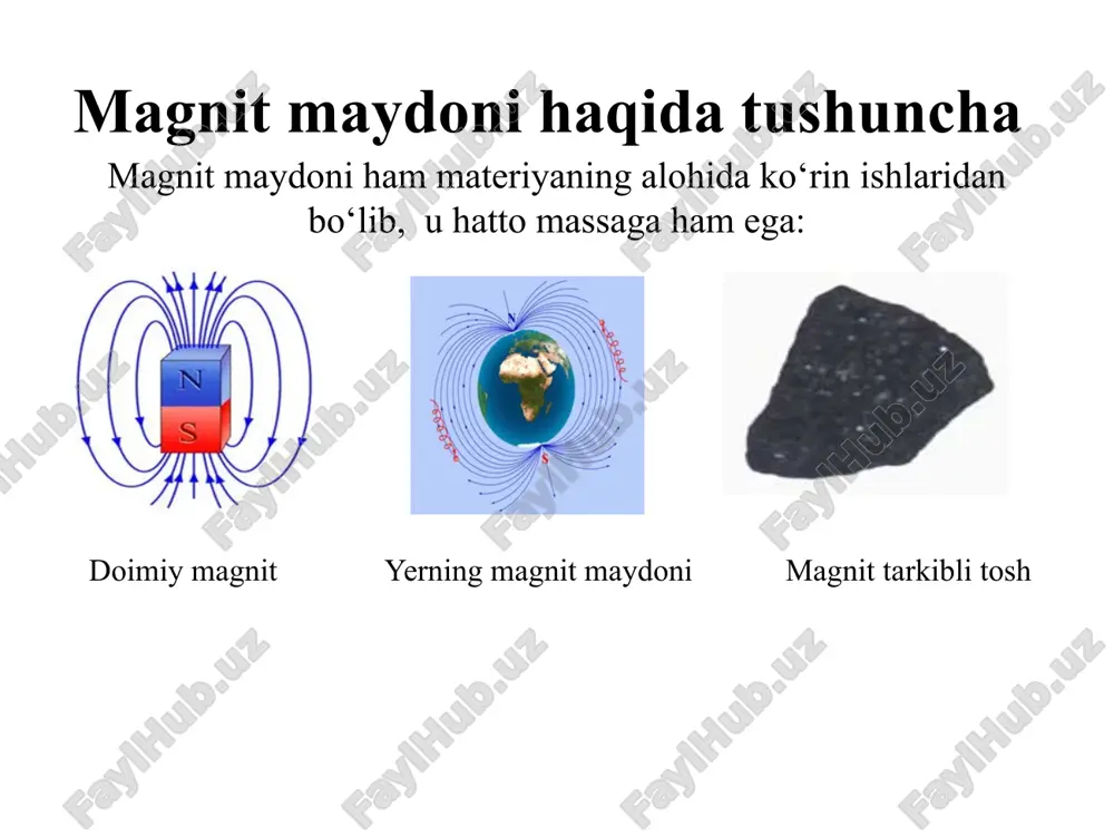 si magnit singdiruvchanlik µ (o‘lchov birligi genri / m (gn/m)) magnit singdiruvchanlik muhitning magnitik xususiyati ifodalovchi kattalik bo‘lib miqdor jihatdan magnit maydoni kuchlanganligi bilan magnit maydon induksiyasini bog‘laydi. yoki bu yerda vm va vv mos holda magnit maydonning muhitdagi va vakumdagi induksiyasi. magnit maydonni harakatlanayotgan elektron hosil qiladi turli muhitlar uchun v(n) bog‘lanish. vakuum uchun µ0 = 1, v= n. magnit maydon induksiyasi. (v, o‘lchov birligi tesla (tl)) xar qanday o‘tkazgichdan elektr toki o‘tganda bu o‘tkazgich atrofida magnit maydoni hosil bo‘ladi. tokli o‘tkazgichning magnit maydoni fizikaning elektromagnetizm qismida to‘liq o‘rganiladi. bu yerda faqat tokli o‘tkazgichdan hosil bo‘lgan magnit maydonning yo‘nalishini aniqlovchi o‘ng parma qoidasini takrorlab o‘tamiz. agar o‘ng parma uchining ilgarilanma harakati o‘tkazgichdagi tok yo‘nalishiga mos bo‘lsa, shu paytdagi parma dastasining yo‘nalishi o‘tkazgich atrofida hosil bo‘lgan magnit maydon kuchlanganligi n kuch chiziqlarining yo‘nalishini ko‘rsatadi (maydon yo‘nalishini aniqlashda o‘ng qo‘l qoidasi ham qo‘llaniladi). o'ng parma yoki o'ng qo'l qoidasi chap kul …