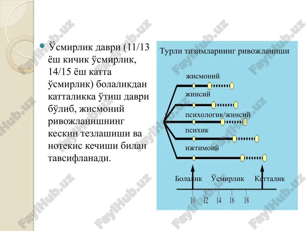 'smirlik davrida intellektual rivojlanishning xususiyatlari mantiqiy tafakkur va xotiraning rivojlanishi tezlashadi. tafakkur va xotira o'rtasidagi munosabat o'zgarib, tafakkur xotira faoliyatini belgilab beradigan darajaga etadi. ijod namunalariga murojaat qilish ko'lami kengaiyshi hisobiga xayolning rivojlanishi kuchayadi. o'qish malakalari, monologik va yozma nutq ko'nikmalari rivojlanishi faol davom etadi. tafakkur va nutq o'rtasidagi aloqadorlik (og'zaki va yozma nutq rejasini tuza olish qobiliyati) kuchayadi. o'smirlik davrida emotsional rivojlanishga xos xususiyatlar ba'zi vaziyatlarda o'zini yaxshi nazorat qiluvchi o'smir, ba'zida kuchli impulsivlikni namoyon etishi mumkin o'smirlik davrida emotsional rivojlanishga xos xususiyatlar (davomi) avtoritetlarga qarshi chiqayotgan o'smir kimgadir muxlis bo'lib qolishi mumkin. boshqalar fikriga ta'sirchan o'smir ular haqida keskin fikr bildirishdan tortinmaydi. jamiyat hayotida faol qatnashishni xohlayotgan o'smir yolg'izlanishni ham xush ko'radi. * o'smirlik davrida emotsional rivojlanishning xususiyatlari (davomi) o'smir tezda qattiy sevib qolib, shunchalik tez munosabatlarini uzishi mumkin ota-ona va o'qituvchilar bilan muloqot ehtiyoji pasayib, tengdoshlar bilan muloqot ehtiyoji ortadi o'smirlik davrida motivatsion soha rivojlanishiga xos xususiyatlar …