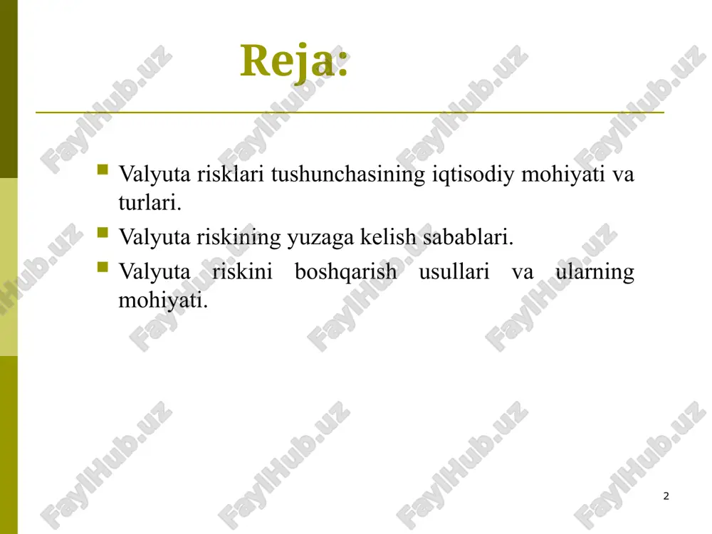 asosida sotish va sotib olish jarayonlarida muayyan zarar sifatida ifodalanadi. valyuta risklari bank operatsiyalari bozorining baynalmilallashuvi, transmilliy korporatsiyalar va moliyaviy tashkilotlarning tashkil etilishi hamda ular faoliyatining diversifikatsiyalashuvi bilan bog‘liq bo‘lib, valyuta kurslarining keskin tebranishi natijasida pul yo‘qotishlari holatini yuzaga keltiradi. bunda valyuta kurslarining bir-biriga nisbatan o‘zgarishi bir qator omillar ta’siri orqali sodir bo‘ladi: jumladan, valyutalarning ichki qiymati o‘zgarishi bilan bog‘liq pul oqimlarining mamlakatlar o‘rtasida doimiy ko‘chib yurishi, spekulyatsion operatsiyalarning rivojlanishi va boshqalar. * valyuta riskini uch turga ajratish mumkin: * operatsion valyuta riski. operatsion risk asosan savdo operatsiyalari, shuningdek, dividend to‘lovlari va moliyaviy investitsiyalash bo‘yicha pulli shartnomalar bilan bog‘liq holda yuzaga keladi. operatsion risk pul mablag‘lari harakatida yuzaga kelgan holda foyda darajasiga bevosita salbiy ta’sir ko‘rsatadi. bu riskni pul mablag‘larining kutilayotgan oqimiga almashinuv kursi o‘zgarishining bevosita ta’siri natijasida yuqori foydaga erishmaslik yoki zararning yuzaga kelishi holati sifatida ta’riflash mumkin. * sotilgan mahsulotga xorijiy valyuta olishi lozim bo‘lgan eksport qiluvchi milliy …