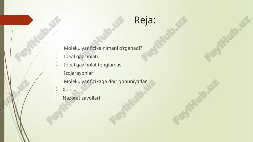 idagi masofa juda qisqa bo’ladi. gazlarda esa o’zaro itarishish kuchlari katta bo’ladi. broun xarakati 1827 – yilda ingliz botanigi r. broun kattalashtiradigan lupa yordamida suvda muallaq turgan gulchangni kuzatib, suv ichida juda kichkina gulchang zarrasining uzluksiz va xaotik xarakatini payqadi. broun dastlab zarralarning xarakatini ularning jonli bo’lganligidan deb tushuntirdi. keyinroq ularning suvdagi aralashmasini qaynatilgan xolda xam gulchang zarralari xarakatini davom ettirayotganini payqadi. broun ancha keyinroq xar qanday moddadan tayyorlangan mayda zarralar xaotik xarakatda bo’lishini aniqladi 1905–1906 yillarda a. eynshteyn bu gipotezaga tayanib, broun xarakatining qat’iy miqdoriy nazariyasini ishlab chiqdi, buni 1908 – 1913 yillarda fransuz fizigi j. perren tajribada tekshirdi.perren tajribasining to’g’riligini tasdiqladi. ideal gaz molekulyar – kinetik nazariyasining asosiy tenglamasi izojarayonlar. gaz qonunlari 1. izotermik jarayon. izotermik jarayon (t=const) 2. izobarik jarayon. izobarik jarayon (p=const) 3. izoxorik jarayon. izoxorik jarayon (v=const) izotermik jarayon o’zgarmas massali (m=const) ideal gazning temperaturasi o’zgarmasdan sodir bo’ladigan jarayonlarga izotermik jarayon (t=const) deb ataladi. bu …