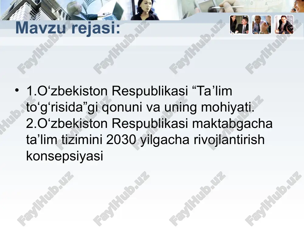 itishlarga yo'l qo'yilmasligi; ta'lim olishga doir teng imkoniyatlarning ta'minlanishi; ta'lim va tarbiyaga milliy hamda umuminsoniy qadriyatlarning singdirilganligi; ta'lim va tarbiyaning insonparvarlik, demokratik xususiyati; ta'limning uzluksizligi va izchilligi; o'n bir yillik ta'limning hamda olti yoshdan etti yoshgacha bo'lgan bolalarni bir yil davomida umumiy o'rta ta'limga tayyorlashning majburiyligi; davlat ta'lim standartlari va davlat ta'lim talablari doirasida ta'lim olishning hamma uchun ochiqligi; o'quv dasturlarini tanlashga doir yondashuvning yagonaligi va tabaqalashtirilganligi; insonning butun hayoti davomida ta'lim olishi; jamiyatda pedagoglarni ijtimoiy himoya qilishning kafolatlanganligi; ta'lim tizimining dunyoviy xususiyatga egaligi; bilimlilik, qobiliyatlilik va iste'dodning rag'batlantirilishi; ta'lim tizimida davlat va jamoat boshqaruvining uyg'unligi; ta'lim faoliyati sohasidagi ochiqlik va shaffoflik. 2-bob. ta'lim tizimi, turlari va shakllari 6-modda. ta'lim tizimi ta'lim tizimi: davlat ta'lim standartlarini, davlat ta'lim talablarini, o'quv rejalari va o'quv dasturlarini; davlat ta'lim standartlarini, davlat ta'lim talablari va o'quv dasturlarini amalga oshiruvchi ta'lim tashkilotlarini; ta'lim sifatini baholashni amalga oshiruvchi tashkilotlarni; ta'lim tizimining faoliyat ko'rsatishi va rivojlanishini ta'minlash …