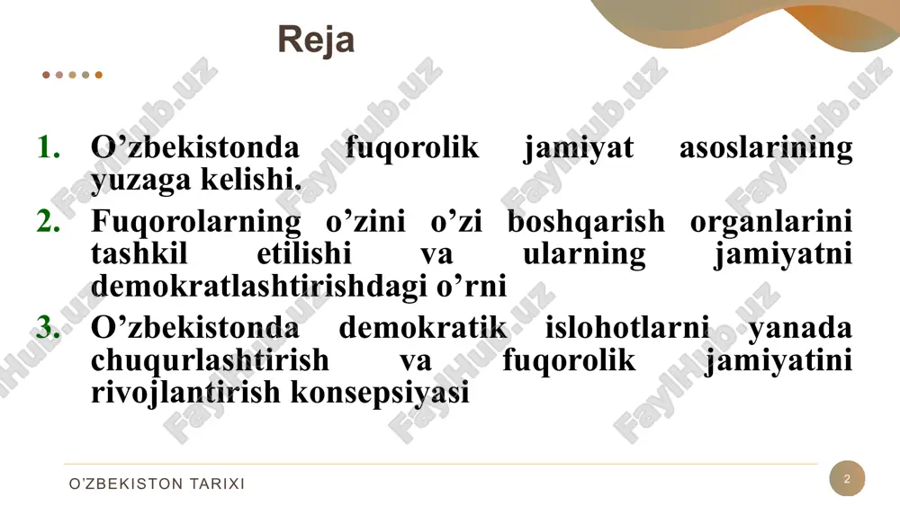 majlisining inson huquqlari bo’yicha vakili – ombudsman lavozimi tasis etildi 2002 yil oliy majlisning ix sessiyasida mamlakatni demokratik yangilash va demokratlashtirish islohotlariga doir 7 ustuvor yo’nalish (masala) belgilab olindi shu ustuvor yo’nalishlardan biri kuchli davlatdan – kuchli jamiyat sari” tamoyili edi 2010 yil 12 noyabrdan i. karimov oliy majlisda 6 qismdan iborat “mamlakatimizda demokratik islohotlarni yanada chuqurlashtirish va fuqorolik jamiyati konsepsiyasi” mavzusida maruza qiladi hozirgi kunda yurtimizda 9000 dan ziyod nodavlat notijorat tashkilotlar mavjud hozirda yurtimizda 29 ta xalqaro va xorijiy nohukumat tashkilotlarning filial va vakolatxonalari bor o’zbekiston tarixi o’zbekistonda fuqorolik jamiyati rivojlanishining asosiy bosqichlari va istiqbollari 7 2016 yil ilk bor xalq va hukumatning to’g’ridan to’g’ri muloqoti yo’lga qo’yildi 2016 yil sentabrda bosh vazir virtual qabulxonasi (pm.gov.uz) 2017 yil “xalq bilan muloqot va inson manfaatlari yili” deb elon qilindi 2016 yil 28 dekabrda prezidentning “jismoniy va yuridik shaxslarning murojaatlari bilan ishlash tizimini tubdan takomillashtirishga doir chora tadbirlar to’g’risida” farmoni …