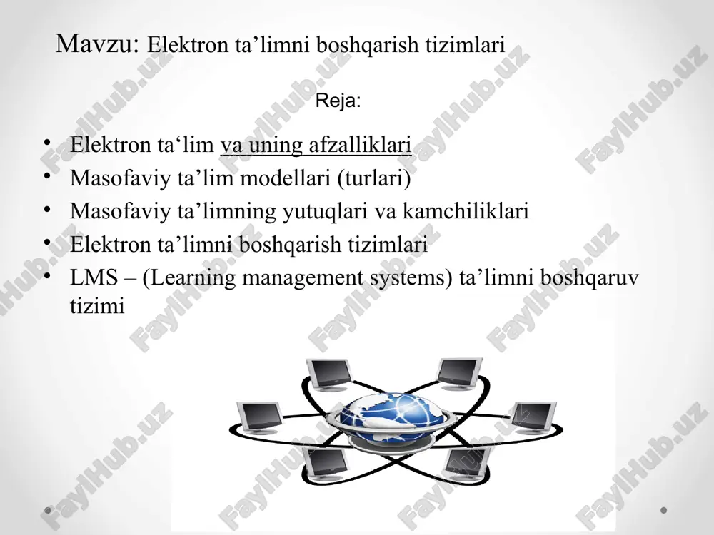 miyatga ega bo‘ladi. hozirgi davr talabiga asosan yangicha o’qitish usuli har tomonlama eskicha o’qitish tizimini orqada qoldirib bormoqda. bu muammoni echishdagi tezkor usullardan eng qulayi va har tomonlama zaruriy ma’lumotlarni qisqa vaqtda to‘plash, taqqoslash, qayta ishlash va ularning eng muhimlarini ajratib olishga imkon beruvchilari elektron kutubxonalar, telekonferensiyalar va internetdan foydalanish hisoblanadi. masofaviy o’qitish texnologiyalari internet hozirgi kunda axborot texnologiyalari tizimining ajralmas qismi bo‘lib, undagi asosiy bo‘g‘in bu o‘zaro bir-biri bilan bog‘langan kompyuterlardir. kompyuterlar aloqa vositalaridan farqli o‘laroq, foydalanuvchiga ma’lumotni ko‘rish, o‘qish va eshitish asosida ma’lumotdan unumli foydalanishga imkon yaratadi. bundan tashqari unda ma’lumotni uzatish, qabul qilish tezligi o‘ta yuqoridir. siz bir vaqtning o’zida bir necha maruzalarda ishtirok etishingiz va bir necha loyihalar uchun o’z fikringizni bildirishingiz mumkin. siz butun dunyo bo'yicha masofaviy o'qish imkoniga egasiz. masofaviy o’qitish markazi. "ussr-55". ma’sofaviy o’qitish xonalari. masofaviy o’qitish uchun kerak bo’ladigan jihozlar. birlamchi model. ikkilamchi model. aralashgan model. konsorsium. franchaysing. validasiya. uzoqlashgan avditoriyalar. proyektlar. …