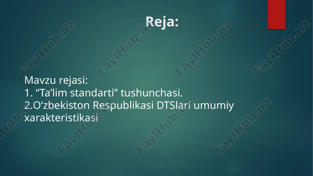 moiy-iqtisodiy islohotlar, rivojlangan xorijiy mamlakatlarning ilg‘or tajribalari hamda ilm-fan va zamonaviy axborot-kommunikatsiya texnologiyalariga asoslangan holda tashkil etish, ma’naviy barkamol va intellektual rivojlangan shaxsni tarbiyalashdan iborat. davlat ta’lim standarti 4 tarkibiy qismdan iborat. umumiy o‘rta ta’lim mazmuni va sifatiga qo‘yiladigan talablarni belgilash bu davlat ta’lim standartining vazifalaridir. davlat ta’lim standartining vazifalari quyidagilardan iborat: -umumiy o‘rta ta’lim mazmuni va sifatiga qo‘yiladigan talablarni belgilash; -milliy, umuminsoniy va ma’naviy qadriyatlar asosida o'quvchilarni tarbiyalashning samarali shakllari va metodlarini joriy etish; -o'quv-tarbiya jarayoniga pedagogik va zamonaviy axborot- kommunikatsiya texnologiyalarini joriy etish, umumiy o‘rta ta’lim muassasalarining o'quvchilari va bitiruvchilarining malakasiga qo'yiladigan talablarni belgilash; -kadrlarni maqsadli va sifatli tayyorlash uchun ta’lim, fan va ishlab chiqarishning samarali integratsiyasini ta’minlash; -ta’lim va uning pirovard natijalari, o'quvchilarning malaka talablarini egallaganlik darajasini tizimli baholash tartibini, shuningdek ta’lim-tarbiya faoliyati sifatini nazorat qilishning huquqiy asoslarini takomillashtirish; -davlat ta’lim standartlari talablarining ta’lim sifati va kadrlar tayyorlashga qo'yiladigan xalqaro talablarga muvofiqligini ta’minlash. davlat ta’lim standarti quyidagi …