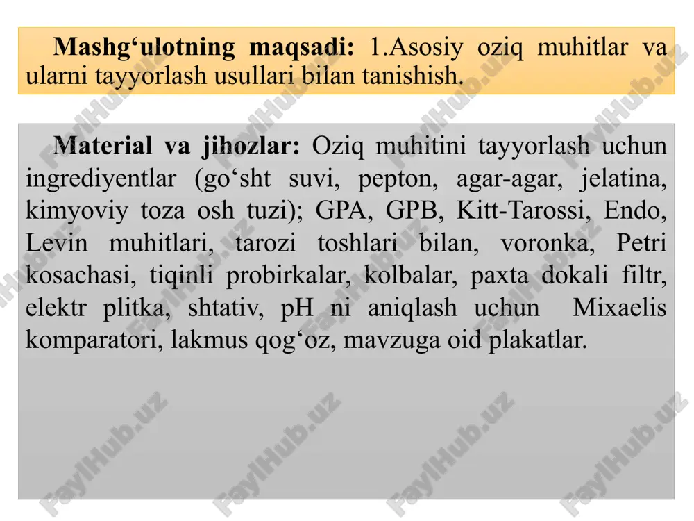 yvonlar oqsili. tog‘ay va suyaklarni qaynatib olinadi, azotli nordon mahsulot. oziq muhitlar kelib chiqishi, konsistensiyasi, ishlatilishi bo‘yicha klassifikatsiyalanadi. kelib chiqishi bo‘yicha tabiiy, sun’iy va sintetik oziq muhitlar farqlanadi. tabiiy oziq muhitlar hayvonot va o‘simlik mahsulotlaridan (go‘sht, sut, tuxum, qon zardobi, sabzavotlar, kazein va boshqalardan) tayyorlanadi. sun’iy oziq muhitlar hayvonot va o‘simlik mahsulotlari, mineral tuzlardan tayyorlanadi (gpb, gpa, gpj). sintetik oziq muhitlar tarkibi aniq nisbatlarda olingan kimyoviy toza moddalar– aminokislotalar, uglevodlar, vitaminlar, mineral tuzlardan tayyorlanadi. (saburo, chapek muhitlari). konsistensiyasi bo‘yicha oziq muhiti suyuq, zich, yarim suyuq va quruq bo‘lishi mumkin. suyuq muhitlarga gpb, peptonli suv, sut va h.k.lar kiradi. oziq muhiti zich bo‘lishi uchun gpbga 2-3 %, yarim suyuq bo‘lishi uchun 0,15-0,7 % agar-agar qo‘shish lozim. gpj tarkibida 20% jelatina bo‘lishi kerak. hozirgi vaqtda har xil miqdorda ishlatiladigan ko‘pgina oziq muhutlar quruq holda ishlab chiqiladi. quruq oziq muhit qopqog‘i zich berkitiladigan shisha idishlarda sotiladi (uglevodlar va ko‘p atomli spirtlar bo‘lgan gissa …