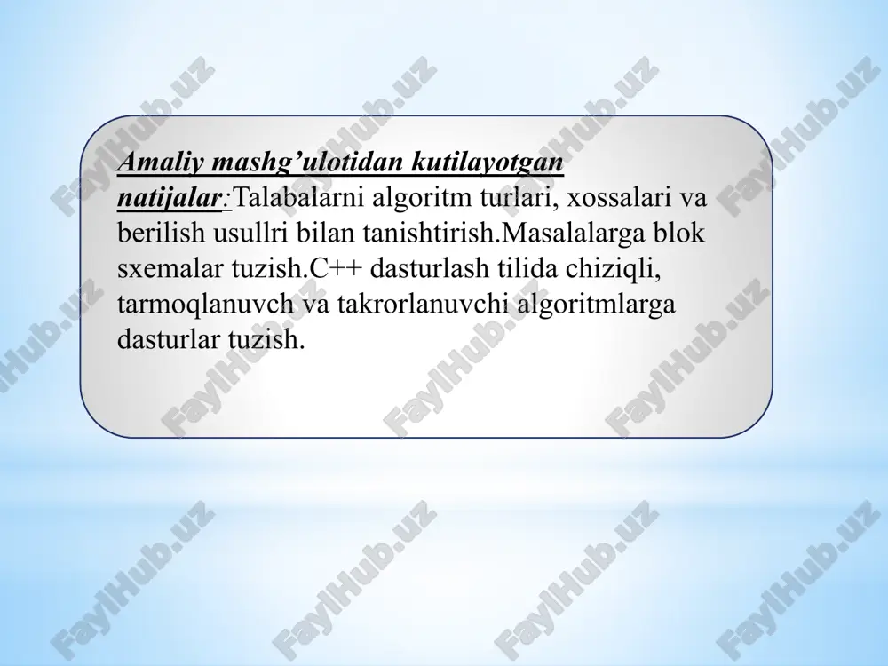 itmda berilayotgan ko‘rsatmalar chekli qadamlardan iborat bo‘lishi zarur. har bir berilayotgan ko‘rsatmalar bo‘laklangan alohida qismlardan iborat bo‘lishi va har biri alohida ma’noga ega bo‘lishi kerak. natijaviylik xossasi – tuzilayotgan har bir algoritmda berilgan masalaning natijasi qanday ko‘rinishda chiqarilishi aniq ko‘rsatilishi kerak. algoritmlarning berilishi yoki ularni tasvirlash usullari quyidagilardan iborat bo‘ladi: algoritmning so‘zlar orqali ifodalanishi. algoritmning formulalar yordamida berilishi. algoritmning jadval ko‘rinishida berilishi. algoritmning dastur shaklida ifodalanishi. algoritmning algoritmik tilda tasvirlanishi. algoritmning grafik (geometrik sxemalar) shaklida tasvirlanishi - algoritmning boshlanishi va tugashi - arifmetik va mantiqiy ifodalarni hisoblash - boshlang‘ich ma’lumotlarni kiritish - boshqarishni shart asosida o‘zgarturush - qaytariluvchi jarayonni ifodalash - kichik yoki qism dasturlarga murojaat - natijani chiqarish masalani echish uchun berilgan ko‘rsatmalar va buyruqlar ketma-ketligini tasvirlashda algoritmlarning quyidagi grafik shakllardan ya’ni sxemalar blokidan foydalaniladi: berilgan masalaning ko‘rinishiga qarab, algoritmlarning quyidagi turlaridan foydalaniladi: chiziqli tarmoqlanuvchi takrorlanuvchi algoritmlar algoritmlar algoritmlar chiziqli algoritmlar – oddiy ko‘rinishdagi hech qanday shartlarga bog’liq bo‘lmagan …