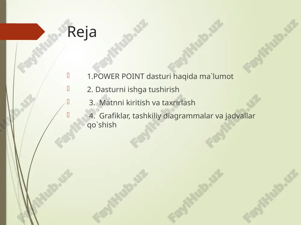 ip art to’plamidan rasm qo’ymoqchi bo’lgan slaydga o’ting. bosh menyuning vstavka (joylash) menyusini ochib, grafika (clip art) buyrug`ini bering. clip art to’plamidan tanlangan rasmni slaydga joylang. kerakli bo’limni tanlang rasmni tanlang boshqa dasturdan rasm joylashtirish 1. shu erni oshing va ruyxatdan rasm bor bo’gan disk yoki katalogni tanlang 2. rasmli faylni tanlang 3. shu tugmani bosing nazorat savollari power point dasturiga kirishni komp`yuterda kursating. xizmat lavozimingizga tegishli slayd yarating. dasturning barcha imkoniyatlarini namoyish qilishga xarakat qiling. power point dasturida ish yoki o’qish joyingizning reklamasini yarating. pullik kurs ochish uchun reklamali e`lon ishlab chiqing. tayyorlagan e`loningizga ranglar bering va ovoz, xarakatlar quying. adabiyotlar yuldashev u.yu , boqiev r.r., zokirova.f.m. i̇nformatika.-t, 2002 m. aripov va boshqalar. i̇nformatika, informatsion texnologiyalar. – t.: 2004. t. x. xolmatov. amaliy matematika, dasturlash va komp`yuterning dasturiy ta`minoti. – t.: 2000. n.v.makarova. i̇nformatika. darslik. –t.: 2005. s.kosimov va boshqalar. axborot texnologiyalari. t.2006 y. f.zokirova va boshqalar i̇nformatika i …