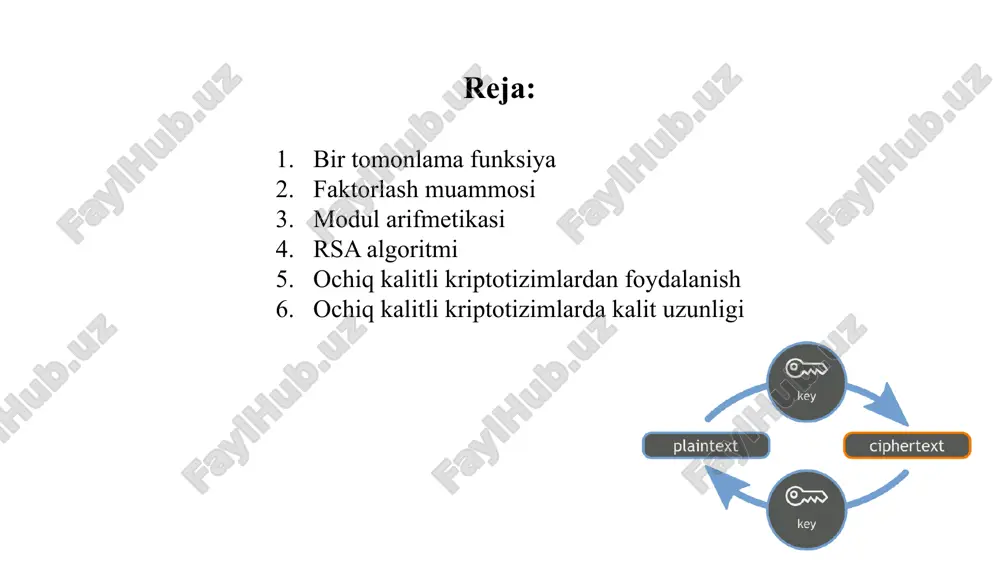 g teskarisi 1/a ga teng bo‘lsa, modul arifmetikasida esa a sonining n modul bo‘yicha teskarisi a-1modn ko‘rinishida belgilanadi. odatiy matematikada sonni uning teskarisiga ko‘paytmasi birga teng bo‘lgani kabi, modul arifmetikasida ham soning uning teskarisiga moduldagi ko‘paytmasi birga teng bo‘ladi. ya’ni, a-1modn = b bo‘lsa, u holda (a * b)modn = 1 tenglik o‘rinli bo‘ladi. izoh. kriptografíyada modul sifatida (ya’ni, bo‘luvchi) faqat tub sonlardan foydalanish talab etiladi. ya’ni, amodn tenglikdagi n har doim tub bo‘lishi lozim. rsa shifrlash algoritmi rsa nomi algoritmni yaratuvchilari familiyalarining birinchi xarfidan olingan (rivest, shamir va adleman). algoritm modul arifmetikasining darajaga ko‘tarish amalidan foydalanishga asoslangan. algoritmni quyidagi qadamlar ketma-ketligi ko‘rinishida ifodalash mumkin. 1-qadam. ikkita tub son p va q tanlanadi. 2-qadam. kalitning ochiq tashkil etuvchisi n hosil qilinadi n=p*q. 3-qadam. quyidagi formula bo‘yicha eyler funksiyasi hisoblanadi: f(p,q)=(p-1)(q-1). eyler funksiyasi n bilan o‘zaro tub, 1 dan n gacha bo‘lgan butun musbat sonlar sonini ko‘rsatadi. o‘zaro tub sonlar deganda …