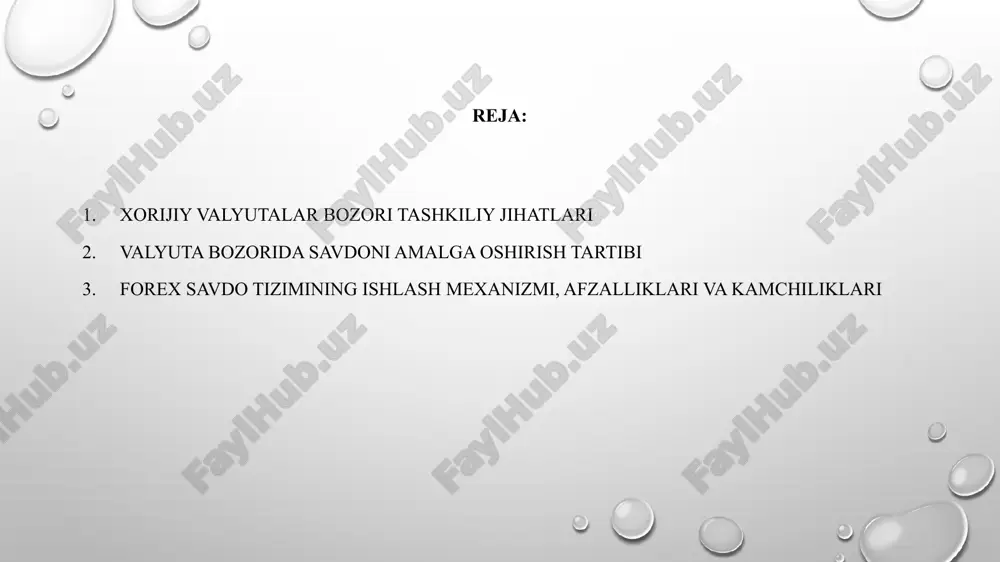 ida bitimlar tuziladi. forex bozori ishtirokchilari markaziy banklar tijorat banklari investitsiya banklari brokerlar va dillerlar pensiya fondlari sug’urta kampaniyalari xalqaro korporatsiyalari boshqalar fond birjasidan farqli oʻlaroq, valyuta bozori tartibga solinmagan bozor hisoblanadi. har bir tranzaksiya yopiq tarzda boʻlib, tomonlarning kelishuviga koʻra amalga oshiriladi. xalqaro valyuta bozori kuniga 24 soat, haftasiga 5,5 kun ishlaydi yaʼni yakshanba kuni 12:00 soʻng jumaga qadar ishlaydi. foreksda markaziy banklardan tortib individual investorlar kabi bir qator ishtirokchilar valyutalar boʻyicha kelishuvlarni amalga oshiradi. davlatlar markaziy banklarining oʻz valyuta zaxiralarini qaysi valyutada shakllantirishidan kelib chiqqan holda foreksda asosan qaysi valyutalar qatnashishini bilib olish mumkin. eslatma dunyo boʻyicha markaziy banklar zaxiralari shakllantirilgan valyutalar boʻyicha maʼlumot valyuta bozorida savdoni amalga oshirish tartibi foreksda daromad olish bosqichlari foreks bozorining afzalliklari orasida eng muhimlari xususida toʻxtalib oʻtamiz. foreks bozorining ayrim kamchiliklari: yapon shamlari uzoq yillardan buyon yapon treyderlari tomonidan texnik tahlil uchun qoʻllanib kelingan. yaqin yillardan boshlab esa boshqa davlat treyderlarining diqqatini …