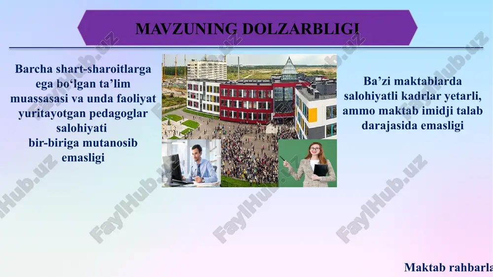 quvchilarni muntazam rag‘batlantirib borish bitiruvchilarni oliy ta’limga va kasbga yo‘naltirishda natijadorlikka erishish. media va pr (jamoatchilik bilan aloqalar) faoliyatini kuchaytirish. qo‘shimcha daromad topish orqali maktab infratuzilmasi, moddiy texnik bazasini rivojlantirib borish. asosiy vazifalar: buyuk britaniya ta’lim tizimi maktab imidjida ota-onalar bilan hamkorlik orqali natijadorlikka erishiladi. buyuk britaniya: aqshda maktab imijini shakllantirishda media va marketing faolligi juda katta ahamiyatga ega. maktablar o‘z yutuqlarini ijtimoiy tarmoqlarda yoritib borish orqali maktabga salohiyatli kadrlar va iqtidorli o‘quvchilarni jalb qiladilar. aqsh: germaniya maktablarida o‘quvchilar o‘qish bilan birga amaliyot o‘tash imkoniyatiga egadirlar. maktablar universitetlar va korxonalar bilan hamkorlikda faoliyat olib boradilar. germaniya: yaponiya maktablarida ta’lim va tarbiya bir xil ahamiyat kasb etib, maktab imidji va obro‘sini oshirib borish va saqlash o‘quvchilarning asosiy vazifalaridan biridir. yaponiya: muammo yuzasidan xorijiy tajribalar 7 qiyosiy tahlil 1.maktablarda media va pr xizmatlari qisman yo‘lga qo‘yilgan 2. maktab imidji atamasida maktabning faqat tashqi qiyofasi bilan cheklanilmoqda 3.maktablarda 2 ta yo‘nalishning biri bo‘yicha …