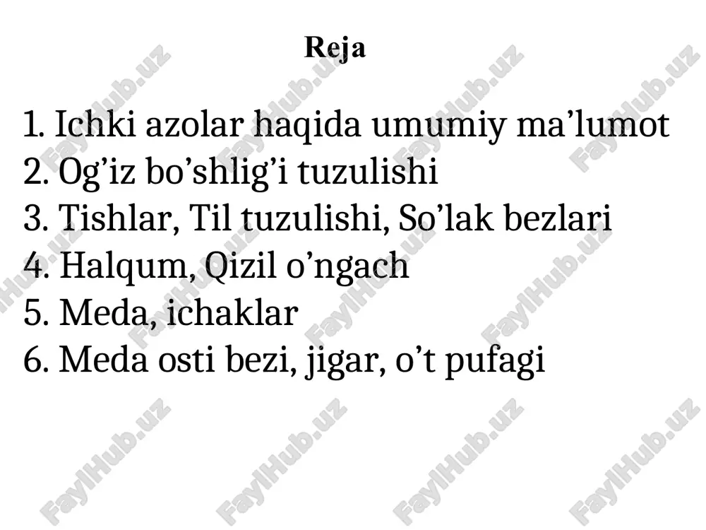 ingi orqa qismlari, hiqildoq, qiziolngach, meda. (tishlar, so’lak bezlari, qalqonsimon bez, ayrisimon bezlar) o’n ikki barmoq, och, yonbosh ichaklar (jigar, meda osti bezi) ko’r ichak, ko’tariluvchi chambar, ko’ndalang va pastga tushuvchi ichaklar tog’ri ichaklar taraqqiy etadi ovqat hazm qilish oqsillar-aminokislatalarga uglevodlar-monosaxaridlarga yog’lar-yog’ kislatalari-gilitsiringa suv va miniral tuzlar, vitaminlar qonga o’zgarmagan holda so’riladi 1 kecha kunduzda, 10 l suyuqlik. 1,5 l so’lak, 2,5 l meda shirasi, 1, l meda osti bezi shirasi, 1,2 l jigar o’ti, 2,5 ichak shiralari, 1,5-2 l suv (istemol qilinadigan suyuliklar) og’iz bo’shlig’i old tomoni yuqori pastgi lablar, yon tomoni lunjlar, orqa tomoni yuqori pastki jag’lar, ulardagi tishlar, lablar-tashqi tomoni teri, ichki tomoni shilliq parda asosi aylanma mimika muskullar. lunjlar-lablarning davomi b/b, chuqur qavatida yog’ qavatlari, shilliq qavatida mayda bezchalar joylashgan. berk turganda 2 yon tomonida tishlar, milklar b,n chegaralandi. yuqori devorini qattiq va yumshoq tanglay, hamda burn bo’shlig’ini og’iz bo’shlig’idan ajratib turadi, qattiq tanglay-yuqri jag’ning tanglay …