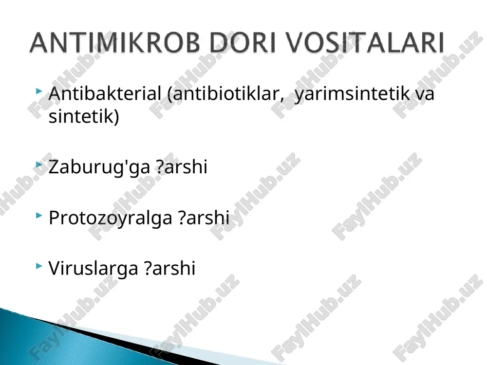 ar respirator antianaerobftorxinolonlar siprofloksatsin norfloksatsin ofloksatsin peofloksatsin lemoofloksatsin sparfloksatsin levofloksatsin moksifloksatsin gatifloksatsin tabiiy yarimsintetik tetrasiklin doksisiklin linkomitsin klindomitsin vankomitsin teykoplanin polimiksinlar – antibakterial dori vositalar bo'lib, ular mikrob xujayralarni tsitoplazmatik membranisini butunligini buzadigan vositalar polimiksin v – b-laktam antibiotiklarga, aminoglikozidlarga, ftorxinolonlarga, karbapenemlarga chidamligi bo'lgan ko'k yiring tayo?cha infektsiyasida rezerv preparati disbakterioz superinfektsiya (kandidoz) mikroorganizmlarni ikkilamchi rezistentnostligi paydo bo'lishi polipovitaminoz psevdomembranoz kolit allergik reaktsiyalar c c c n b c h 3 h s o n h h h r c o o h a c h 3 c c c c b o h c s r h h h o h 3 c c o o h r: - c h 2 - c h 2 - n h - c h n h n s o c n h r2 r1 o h o