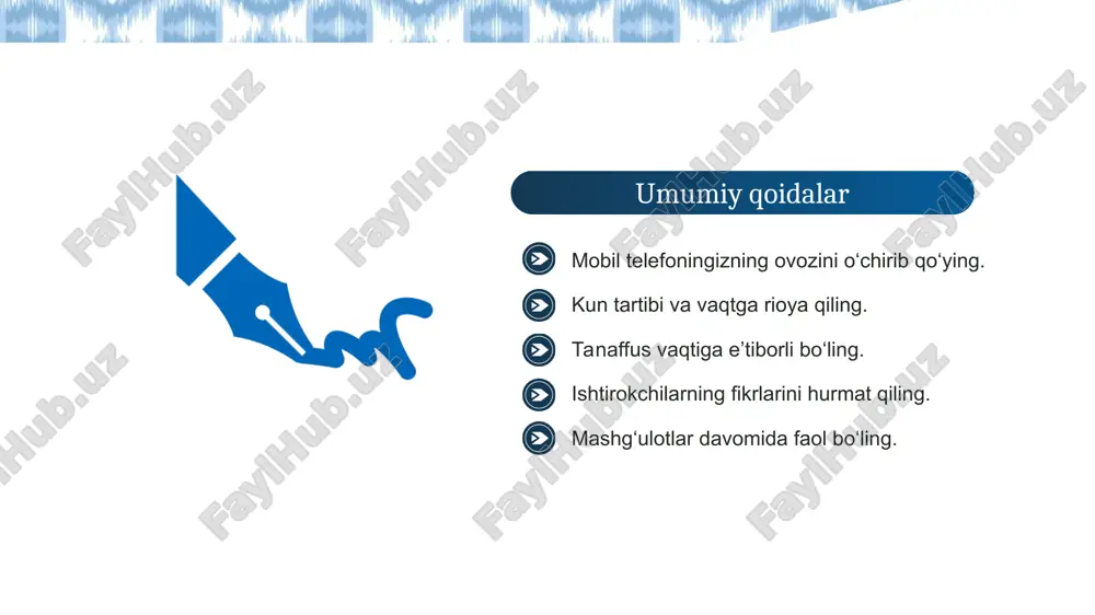 nazariy bilimlarini real holatlar bilan bog‘laydi. jarayonga yo‘naltirilgan – nafaqat natija, balki loyiha bajarish bosqichlari ham muhim hisoblanadi. ko‘p fanli yondashuv bo‘lishi mumkin – loyiha bir necha fanlar kesishmasida amalga oshirilishi mumkin. natija taqdim etiladi – loyiha ishining yakunida o‘quvchilar hisobot, taqdimot, plakat, maket, video yoki boshqa mahsulot shaklida natijani taqdim etadilar. o‘rganish tadqiqot g‘oya loyiha ishini tashkil etish bosqichlari: 1. loyihaning mavzusini tanlash o‘quvchilarning yoshi, saviyasi va qiziqishlaridan kelib chiqib tanlanadi. mavzu ijtimoiy ahamiyatli, dolzarb va amaliy bo‘lishi kerak. misol: “mahallamiz ekologik holatini o‘rganish”, “ajoyib sonlar olamiga sayohat”, “mahsulotlar narxini taqqoslash”. 2. maqsad va vazifalarni aniqlash loyiha nimani o‘rganadi? qanday savollarga javob izlaydi? o‘quvchilar nima o‘rganadi va qanday ko‘nikma hosil qiladi? 3. reja bosqichlarini aniqlash ma’lumot yig‘ish, tahlil qilish, natijani tayyorlash. vaqt taqsimoti: har bir bosqichga qancha vaqt ajratiladi. zarur resurslar va materiallar aniqlanadi. loyiha ishini tashkil etish bosqichlari: 4. ijro bosqichi o‘quvchilar mustaqil yoki jamoaviy ishlaydi. o‘qituvchi yo‘l-yo‘riq …