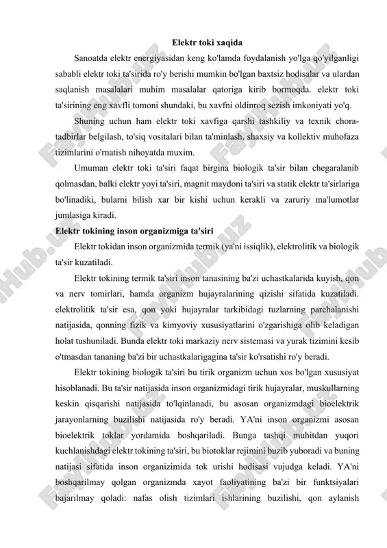 ta'siri, bu biotoklar rejimini buzib yuboradi va buning natijasi sifatida inson organizimida tok urishi hodisasi vujudga keladi. ya'ni boshqarilmay qolgan organizmda xayot faoliyatining ba'zi bir funktsiyalari bajarilmay qoladi: nafas olish tizimlari ishlarining buzilishi, qon aylanish sistemasining ishlamay qolishi va h.k. elektr tokining inson organizmiga ta'sirining xilma-xilligidan kelib chiqib, umuman elektr ta'sirini ikki gruppaga bo'lib qarash mumkin: mahalliy elektr ta'siri va tok urushi. mahalliy elektr ta'siriga kuyib qolish, elektr belgilari hosil bo'lishi, terining metallashib qolishi hollarini ko'rsatish mumkin. elektr ta'siridan kuyish, asosan organizm bilan elektr o'tkazgich o'rtasida volta yoyi hosil bo'lganda sodir bo'ladi. elektr o'tkazgichdagi kuchlanishning ta'siriga qarab bunday kuyish turlicha bo'lishi mumkin. engil faqat yallig'lanish bilan chegaralanishi, o'rtacha og'irlikdagi kuyish pufakchalar hosil bo'lishi va og'ir kuyish - hujayra va terilarning ko'mirga aylanishi bilan o'tib, og'ir asoratlarga olib kelishi mumkin. elektr belgilari-bu terining ustki qismida aniq kulrang yoki och-sarg'ish rangli 1-5 mm diametrdagi belgi paydo bo'lishi bilan ifodalanadi. bunday belgilar odatda …
