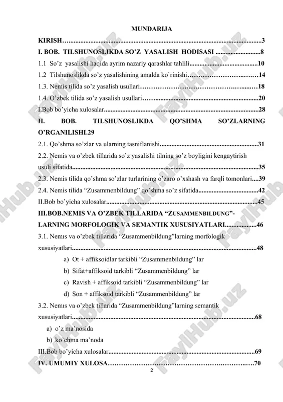 .............................................................................................48 a) ot + affiksoidlar tarkibli “zusammenbildung” lar b) sifat+affiksoid tarkibli “zusammenbildung” lar c) ravish + affiksoid tarkibli “zusammenbildung” lar d) son + affiksoid tarkibli “zusammenbildung” lar 3.2. nemıs va o’zbek tillarida “zusammenbildung”larning semantik xususiyatlari..............................................................................................................68 a) o’z ma’nosida b) ko’chma ma’noda iii.bob bo’yicha xulosalar........................................................................................69 iv. umumiy xulosa…………………………………………….………..….70 v. foydalanilgan adabiyotlar ro’yxati……………………….71 kirish bugungi shiddat bilan rivojlanib borayotgan zamonamizda vaqt bilan hamnafas va to`laqonli hayot kechirish uchun avvalo ona tilimizni keyinchalik chet tillarini o`rganish va o`rgatishsiz tasavvur qilib bo`lmaydi. globallashuv jarayoni makon, zamon, vaqt va til kabi insonlar o`rtasidagi tabiiy qonunlarni(to`siq) jamiyat qonunlari oldida ojizligini mayona ko`rsata boshladi. nafaqat yer shari balki koinot ham jahon xalqlarining umumiy uyiga aylanib kishilik jamiyati ijtimoiy turmushidagi muvaffaqiyat va muvaffaqiyatsizliklar, quvonch va tashvishlar, tinchlik va urushlar, to`qchilik va qahatchilik, orzu va umidlar, qisqasi bani odamning ikki dunyo saodati masalalarini ijobiy hal qilish muammolari nafaqat muayyan mamlakatlar sahnasida balki oddiy oilalar dasturxoni atrofida o`z yechimini topyapti. …