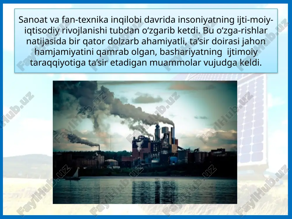 osi yoki ma’naviy qadriyatlar inqirozi muammosi. insoniyatning global muammolari chambarchas ravishda o‘zaro bog‘liq, bir muammo boshqalarining keskinlashuviga olib kelmoqda. shunday ekan, muayyan muammoni boshqa muammolarga e’tibor qaratmasdan yechish imkoniyati mavjud emas. masalan, rivojlanayotgan mamlakatlardagi demografik va oziq-ovqat muammolari orasida ma’lum aloqadorlik mavjud, chunki aholining yuqori sur’atlar bilan ko‘payishi oziq-ovqat mahsulotlarining yetishmovchiligi va ocharchilikni keskinlashtiradi. energetika va ekologik muammolar ham bevosita bir-biriga aloqador hisoblanadi, chunonchi yangi energiya manbalarini izlash va ishlab chiqarishga joriy etish atrof-muhit sifatiga ham ma’lum darajada ta’sir etadi. global muammolardan tinchlikni saqlash va qurolsizlanish muammosi eng universal ahamiyatga ega, chunki bu muammo hal etilmasa, yer yuzida hayot va sivilizatsiyaning kelajagi o‘ta achinarli ahvolga kelishi muqarrar. insoniyat tarixida, ba’zi ma’lumotlarga ko‘ra, jami 14 mingdan ortiq urushlar ro‘y bergan va, ming afsuski, harbiy mojaro va ziddiyatlar sayyoramizning turli hududlarida hanuzgacha yuz bermoqda. lekin, global darajada bu muammo jami 70 milliondan ziyod kishi qurbon bo‘lgan ikkita jahon urush bo‘lib o‘tgan xx …