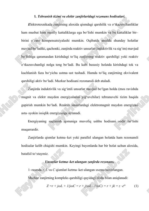 induktivlik va sig‘imning qiymatlari quyidagi ifodalardan topiladi: ; (4) bunda burchakli chastota ω0 rezonansli chastota deb ataladi. zanjirning ulanish nuqtasidagi u kuchlanish o‘zgarmas bo‘lganida va rezonans holatida zanjirdagi tok o‘zining maksimal qiymatiga erishadi. chunki om qonuniga muvofiq i=u/r, va reaktiv qarshiliklarning qiymatlariga bog‘liq emas. 2–rasmda rezonans holatidagi vektorli diagramma tasvirlangan. xl =xc shartda va reaktiv qarshiliklar qiymati bo‘yicha r aktiv qarshilikdan katta bo‘lgan holatda shunday oniy vaqt paydo bo‘ladiki, bu vaqtda reaktiv g‘altak va kondensatorlarning ulanish nuqtasidagi kuchlanish zanjirningning ulanish nuqtasidagi kuchlanishdan ortib ketadi. 3. kuchlanishlar rezonansi. r, l va c lar ketma–ket ulangan holatdagi rezonansni kuchlanishlar rezonansi deb ataladi. elektr zanjirida reaktiv unsurlardagi kuchlanishni ta’minot ulanish nuqtasidagi kuchlanishdan ortib ketishi quyidagi shart qanoatlantirganida o‘rinli bo‘ladi: (5) orqali ifodalangan (5.1.5) dagi kattalik qarshilik o‘lchov birligi bilan ulchanadi, hamda konturning tulqinli qarshiligi deb ataladi. 2-rasm. quyidagi munosabatni yozamiz: (6) mazkur ifoda (5.1.6) induktivli va sig‘imli qarshiliklarga ulanish nuqtasidagi kuchlanishni to‘liq zanjirning …