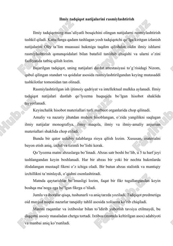 r va ixtiboslar bilan to’ldirib yuborish tavsiya etilmaydi, bu diqqatni asosiy masaladan chetga tortadi. ixtibos (matnda keltirilgan asos) adabiyoti va manbai aniq ko’rsatiladi. so’z qisqartmalari standart simvollar orqali beriladi. masalan, 10 tonna 10 tn yoki 10 t. emas, faqat 10 t (nuqtasiz) shaklida yoziladi. bunday standart iboralar va qisqartmalar haqidagi ma’lumot barcha qomusiy va ixtisoslashgan lug’atlarda mavjud. har qanday tugallangan ilmiy ish natijalarini matnga tushirish ma’lum kompozisiya (tuzilma) asosida amalga oshiriladi. bunda birinchi navbatda mantiqiy izchillik va strukturaviy ketma-ketlikka e’tibor berish kerak. hisobot, risola yoki maqola yozishda quyidagi strukturaga rioya qilinadi. oldin ishni nomi belgilanadi. ishni nomi sar varaq hisoblangan 1betga olib chiqiladi. shu betda muallif yoki mualliflar familiyalari, lavozimi, vaqt, muassasa va shahar nomlari yoziladi. ishni nomi imkoniyat darajasida qisqa, aniq bo’lishi va bajarilgan ish mazmuniga mos kelishi kerak. sar varaqdan keyin mundarija joylashtiriladi. mundarijada ishning barcha bo’limlari va qismlari (boblar, paragraflar, raqamlar bilan ifodalangan sahiyaalar), ularning nomlari belgilanadi. …