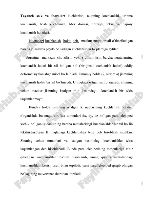 h zarur bo`ladi. eng katta urinma kuchlanish ya'ni bo`lganda vujudga keladi. 1) demak, maksimal urinma kuchlanish tashqi normali eng katta bosh kuchlanish bilan 45 gradus bo`lgan burchakni tashkil qilgan qiya yuzachalarda vujudga keladi va bosh kuchlanishlar ayirmasining yarmiga teng bo`ladi. tashqi normali n ,bo`lgan a-a qiya yuza uchun chiqarilgan formulalardan foydalanib, bu yuzaga tik va normali n bo`lgan v-v qiya yuza uchun ham kuchlanishlarni topish mumkin. (rasm). bu yuzalar bir-biriga tik bo`lganligidan bo`ladi. ; (2) urinma kuchlanishini topamiz: ; (3) bundan ; (4) kelib chiqadi demak, o`zaro ikki tik yuzadagi normal kuchlanishlarning yiqindisi teng bo`lib, o`zgarmas miqdordir. urinma kuchlanishlari esa bir-biriga teng, lekin yo`nalishlari qarama-qarshi miqdordir. ; (5) agar biror yuzada urinma kuchlanish paydo bo`lsa, unga tik yuzada ham birinchi yuzadagi urinma kuchlanishga teng va teskari yo`nalgan urinma kuchlanish hosil bo`lishi kerak. bu xulosa urinma kuchlanishlarning juftlik qonuni deyiladi. quyidagi formuladan bosh kuchlanishlarni topishda foydalansak bo`ladi: ; istalgan tekis kuchlanish …