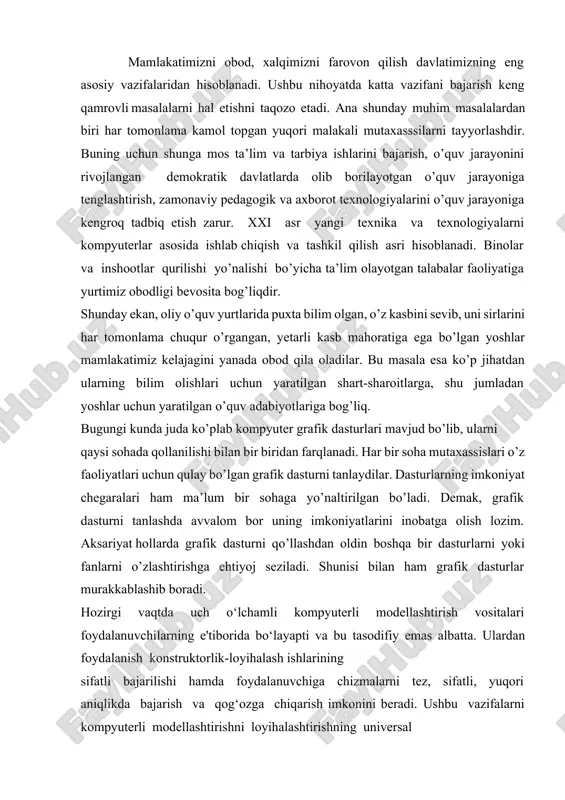'tiborida bo‘layapti va bu tasodifiy emas albatta. ulardan foydalanish konstruktorlik-loyihalash ishlarining sifatli bajarilishi hamda foydalanuvchiga chizmalarni tez, sifatli, yuqori aniqlikda bajarish va qog‘ozga chiqarish imkonini beradi. ushbu vazifalarni kompyuterli modellashtirishni loyihalashtirishning universal grafik sistemasi muhitidan iborat bo‘lgan autocad dan foydalanish uslubi taklif etilgan. bu autocad tizimi autodesk kompaniyasi tomonidan ishlab chiqilgan bo‘lib, loyihalash jarayonida ko‘p sonli foydalanuvchilar qulay holda ishlatishlari ko‘zda tutilgan. hozirgi davrda autocad ning dasturiy ta'minoti kompaniyani eng yaxshi mahsuloti bo‘lib, shaxsiy kompyuterlarning eng keng tarqalgan avtomatik loyihalash tizimi paketi hisoblanadi. hozirgi davrda har qanday dastur ta'minotining eng muhim xarakteristkasi buni boshqa dasturlar bilan birgalikda ishlata bilish xususiyatidir. shu sababli autocad tizimi katta imkoniyatlarga ega bo‘lib, o‘z mahsulotini 3d studio tizimiga eksport qilgan holda uch o‘lchovli modellarni animatsiya qilish imkoniyatini beradi. autocad tizimida ishlab chiqilgan fayllar microsoft office dasturining har qanday mahsulotlari bilan mos keladi . autocad dasturi avtonom rejimida yoki lokal tarmoqda ham ishlashi mumkin. avtomatlashtirilgan loyihalash …