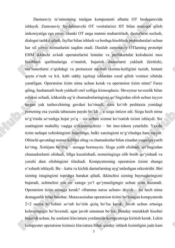 i va yaxshi dam olishingizni tilashadi. kompyuterning operatsion tizimi shunga o‘xshash ishlaydi. bu – katta va kichik dasturlarning uyg‘unlashgan orkestridir. biri sizning istagingizni topishga harakat qiladi, ikkinchisi sizning buyruqlaringizni bajaradi, uchinchisi esa siz xatoga yo‘l qo‘ymasligingiz uchun sizni kuzatadi. operatsion tizim nimaga kerak? «hamma narsa uchun» deyish – bu hech nima demaganlik bilan barobar. mutaxassisdan operatsion tizimi bo‘lmagan kompyuterda 2+2 necha bo‘lishini so‘rab ko‘rish qiziq bo‘lsa kerak. javob uchun ertasiga kelaversangiz bo‘laveradi, agar javob umuman bo‘lsa. bunday murakkab hisobni bajarish uchun, bu sonlarni klaviatura yordamida kompyuterga kiritish kerak. lekin kompyuter operatsion tizimsiz klaviatura bilan qanday ishlash lozimligini juda kam tushunadi. balki kompyuterga arifmetik hisoblar bilan shug‘ullanadigan dasturni yuklash (kiritish) lozimdir? odatda shunday ham qilishadi, lekin dastlab baribir operatsion tizim kerak. usiz kompyuter o‘zining diskovodlari haqida juda kam biladi va hattoki uning yordamida nimanidir yuklash mumkinligi haqida tushunchaga ega ham emas. operatsion tizim birinchi navbatda kompyuter bilan muloqot qilish uchun, u …