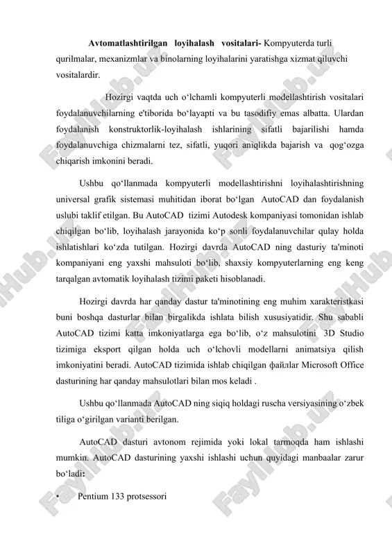 toli tasvirlangan. ish stoliga quyidagilar kiritilgan: • tushuvchi menyu qatori –menyuning eng yuqori qatori; • asboblar paneli –yuqorida, ish stolining o‘ng va chap tomonida. keyingi ishlarda foydalaniladigan asosiy asboblar paneli: 1) «standart asboblar» paneli; 2) «obyekt xossasi» paneli; 3) «chizish» paneli; 4) «o‘zgartirish» paneli; 5) «o‘lchamlar» paneli; 6) «obyektni bog‘lash» paneli. asboblar paneli tushuvchi menyu qatori model maydoni dialog oyna autocadning ish stoli boshqarish tugmachalari asboblar panelini sozlash algoritmi 1) sichqon klavishi o‘ng tomonini asboblar panelining ixtiyoriy birortasini ko‘rsatib, bosamiz. 2) ochilgan ro‘yxatdan kerakli asboblar panelini belgilaymiz. • grafik maydon (model maydoni) –ish stolining o‘rta maydonini egallagan bo‘lib, modellar chizmasini yaratish uc hun mo‘ljallangan. model maydoni parametrlarini qo‘llovchi o‘ziga mos qulay ravishda o‘zgartirishi mumkin. model maydonini sozlash algoritmi 1) sichqon klavishining o‘ng tomonini grafik maydonning ixtiyoriy joyiga bosamiz, optsii punktini belgilaymiz. 2) ochilgan «parametrlar» dialog oynasida quyidagi sozlashlarni amalga oshirish mumkin. a) oyna elementlari ish stoli ko‘rinishini sozlash, ya'ni; 1) …