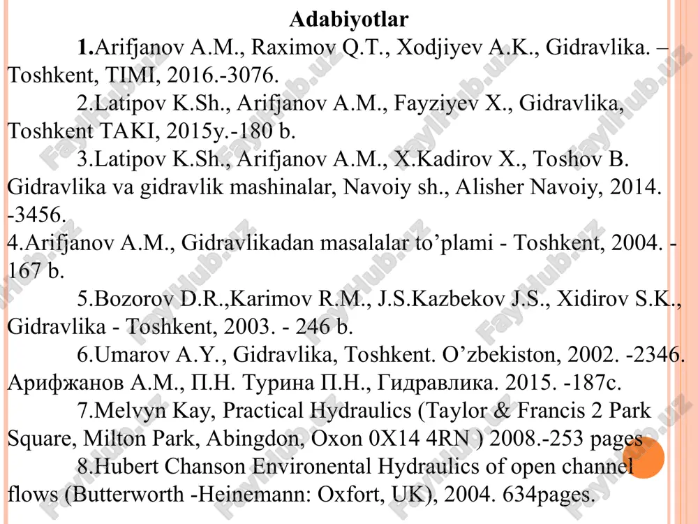 al suyuqliklar va gazlarning harakatiga doir baʼzi masalalarni yechishda ideal suyuqlik tushunchasidan foydalaniladi. oqimning asosiy gidravlik elementlari sarf – vaqt davomida harakat kesimidan o‘tayotgan suyuqlik miqdori– q sarf o‘lchov birligi elementar oqimcha sarfi oqim sarfi xo‘llangan perimetr – oqim va qattiq sirt chegarasi: to’ri to‘rtburchak kanal uchun, trapetsiadal kanal uchun, silindrik quvurlar uchun, gidravlik radius – oqim harakat kesimining xo‘llangan pirimetriga nisbati to’g’ri to‘rtburchakli kanal uchun; trapetsiadal kanallar uchun; silindrik quvurlar uchun; o‘rtacha tezlik – suyuqlik sarfining harakat kesimiga nisbati ideal suyuqlikning elementar oqim naychasi uchun d.bernulli tenglamasi suyuqlikning barqaror harakati uchun uzilmaslik (uzluksizlik) tenglamasi elementar oqimcha xossalaridan ma’lumki 1-1 va 2-2 kesimlar orqali o‘tuvchi elementar sarflar teng bo‘ladi u xolda sarfni aniqlash formulasidan elementar oqimchaning xoxlagan kesimi uchun quyidagicha yozishimiz mumkin oqim uchun uzilmaslik tenglamasini keltirib chiqarishimiz uchun quyidagi ifodani yuzalar bo‘yicha integrallar bilan almashtiramiz harakatning barqarorligidan kelib chiqib, quyidagi ifodani yozish mumkin: ya’ni, oqimning o‘rtacha tezligi harakat kesimiga …