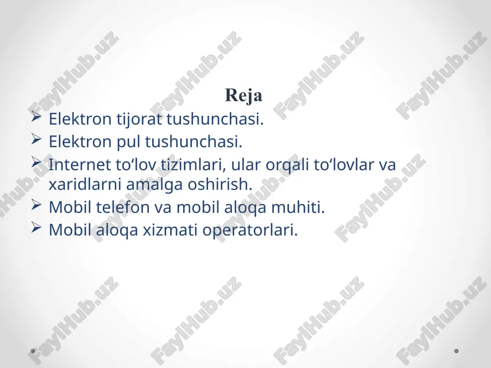 gaytiradi va yangilaydi. endi sotuvchi mahsulotlarini sotish jarayonini tezlashtirishi, yangi va sifatli mahsulotlarni muntazam almashtirishi, mahsulotlarning aylanma xarakatini tezlashtirishi kerak bo‘ladi; elektron tijoratda savdoni tashkil qilish firmalarning raqobatini kuchaytiradi, monopoliyadan chiqaradi va mahsulotlarning sifatini oshirish imkoniyatini beradi. xaridorlar kundalik xayotida kerakli mahsulotlar ichida sifatlilarini tanlashi mumkin. chet el firmalariga murojaat qiladi. elektron pul – bu pul birligiga tenglashtirilgan belgilar hamda kupyura va tanga rolini bajaruvchi juda katta son yoki fayllardir. bunday tizimning faoliyat ko‘rsatish harajatlari boshqalaridan ancha kam. bundan tashqari, elektron pullar to‘liq anonimlikni ta’minlashi mumkin, chunki uni ishlatgan mijoz haqida hech qanday ma’lumot berilmaydi. . 5 texnika vositalaridan, axborot texnologiyalaridan va axborot tizimlari xizmatlaridan foydalangan holda elektron to‘lov hujjatlari vositasida naqd pulsiz hisob-kitoblarni amalga oshirish elektron to‘lovdir. elektron to‘lov tizimida tovar/xizmatlar to‘lovi xaridorning elektron hisobidan shaxsiy bank raqami hisobiga pul mablag‘larini chiqarish imkoniga ega bo‘lgan sotuvchining elektron hisobiga pul mablag‘larini o‘tkazish yo‘li bilan amalga oshiriladi. 6 internet-banking. to‘lov tizimlari …