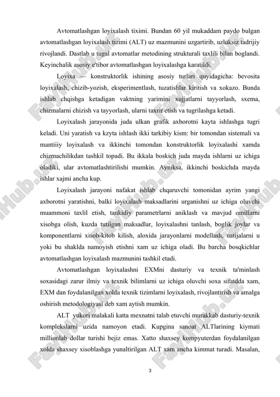 yukori malakali katta mexnatni talab etuvchi murakkab dasturiy-texnik komplekslarni uzida namoyon etadi. kupgina sanoat altlarining kiymati millionlab dollar turishi bejiz emas. xatto shaxsey kompyuterdan foydalanilgan xolda shaxsey xisoblashga yunaltirilgan alt xam ancha kimmat turadi. masalan, altning avto disk firmasi ishlab chqkan avto cad paketi versiya narki 4000 dollar turadi. belgilangan maqsadlar va cheklanishlarni kondiruvchi yangi maxsulot yaratish vazifasi quyilgan xar bir joyda shundan foydalanish mumkin. xozirgi paytda alt mashinasozlik va radioelektronika kabi soxalarda eng kup tarkalgan. birok altdan yangi namunadagi texnologiyalar yaratiladigan boshka kuplab sanoat tarmokdarida xam foydalanish mumkin. shu boss alt kurilishda xam, uyinchokdar ishlab chqarishda xam, nozik avtomatlashgan tizimlar arxitekturasini loyixalashda xam bir xil muvaffakiyat bilan kullaniladi. xalk xo’jaligining turli tarmoqlari uchun altni loyixalash jarayonlari juda kuplab umumiy xususiyatlarga ega. avtomatlashgan loyixalashga bunday krash yagona tamoyillar tizimini ishlab chqish uchun asos yaratadi. bundan tashkari, turli soxalarning uzaro bir- birini boyitishi juda foydali. bir soxada tuplangan loyixalashning okilona koida …