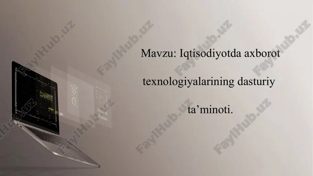 t-ma’lumotlarni qayta ishlash tizimini funksiyalashtirish uchun qo’llanuvchi texnik vositalar kompleksidir. u ma’lumotlarni qayta ishlovchi, namunaviy operasiyalarni amalga oshiruvchi qurilmalarni o’z ichiga oladi. axborot ta’minoti axborot ta’minoti-axborot tizimlari ichki mashina axborot bazasini yaratishning tasniflash va kodlashtirish tizimlari, hujjatlashtirishning unifikasiyalashgan tizimlari (yagona tizimga, shaklga, bir xillikka keltirmoq), hujjat aylanmasi va hujjatlar shakli uslublarini rasional holga keltirishni o’z ichiga olgan axborotni joylashtirish va tashkil qilish bo’yicha uslublar va vositalar yig’indisidir. matematik ta’minot – axborot tizimlarida vazifalarni hal etishda foydalaniladigan axborotlarni qayta ishlash algoritmi va modellari, matematik uslublari majmui. matematik ta’minot huquqiy ta’minot huquqiy ta`minot - axborot tizimini yaratish va funktsiyalashtirishni tartibga soluvchi huquqiy me`yorlar yig`indisini o`zida namoyon etadi. axborot tizimini qayta ishlashning huquqiy ta`minoti at buyurtmasiga va tayyorlovchi o`rtasidagi shartnomaviy o`zaro munosabatlar me`yoriy aktlari, chetga chiqishlarining huquqiy tartibga solinishini o`z ichiga oladi. lingvistik ta`minot lingvistik ta`minot inson va ehm muloqotini ishlab chiqarish va ta`minlash samaradorligini oshirish uchun ma`lumotlarni qayta ishlash tizimini yaratish va …